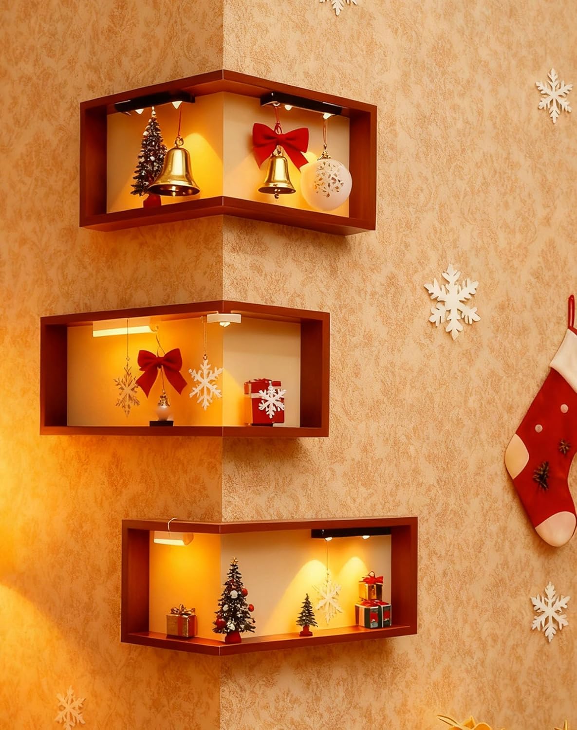 Smart Corner Shelves That Light up Your Space, Illuminated Corner Shelf with Remote, No-Drilling Illuminated Corner Blind Boxes Shelf, Floating Corner Shelves for Wall,For Collectibles(3, With lights)