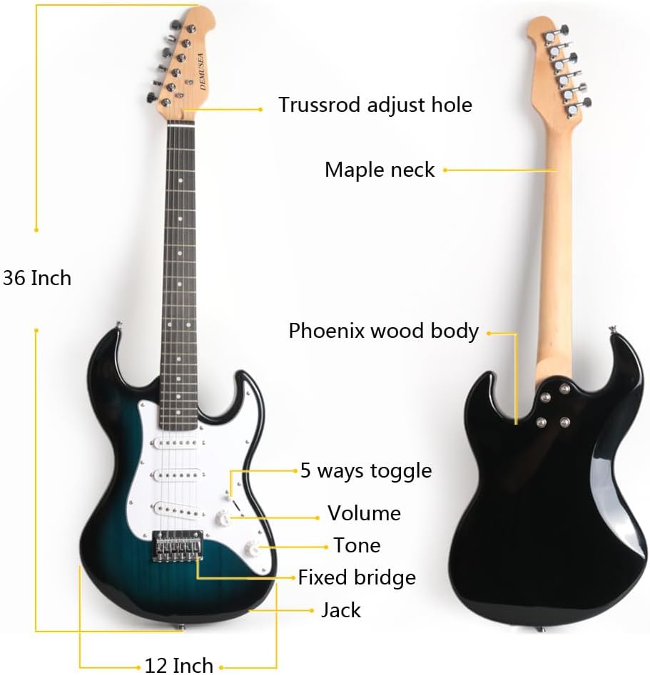 Electric Mini Guitar 36Inch 3/4 Short Scale Blueburst Color sss Pickups One Volume One Tone 5 Ways Toggle Portable For Starter Beginner Travel And Practice With Gigbag Strap Total
