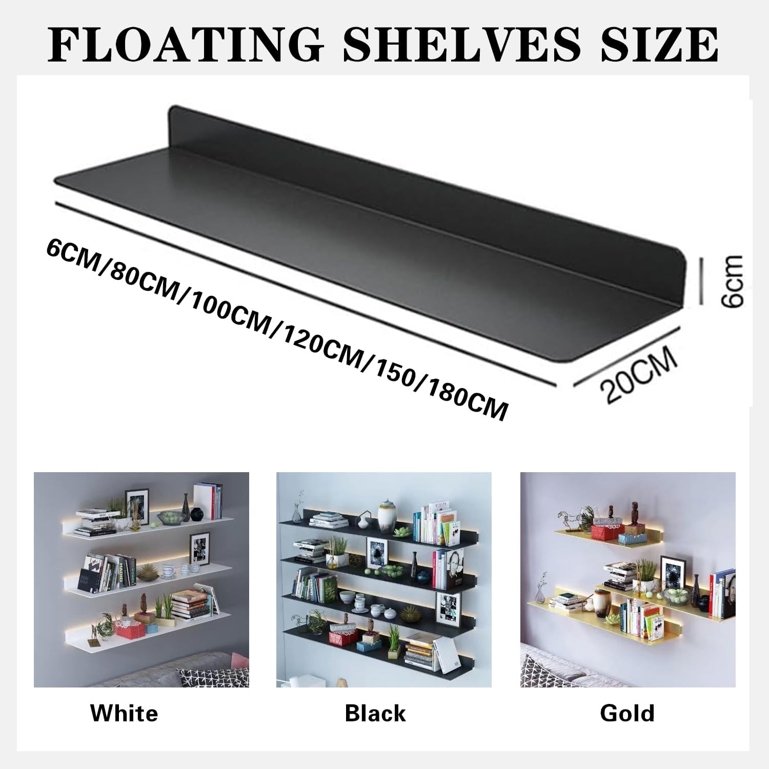 1pcs Metal Floating Book Shelves, with Built-in Illuminated LED Light, Modern Wall Mount Lighting Organizer, Creative Wall Storage Shelf, for Bedroom, Kitchen, Bathroom,White,180cm (Gold 100cm)