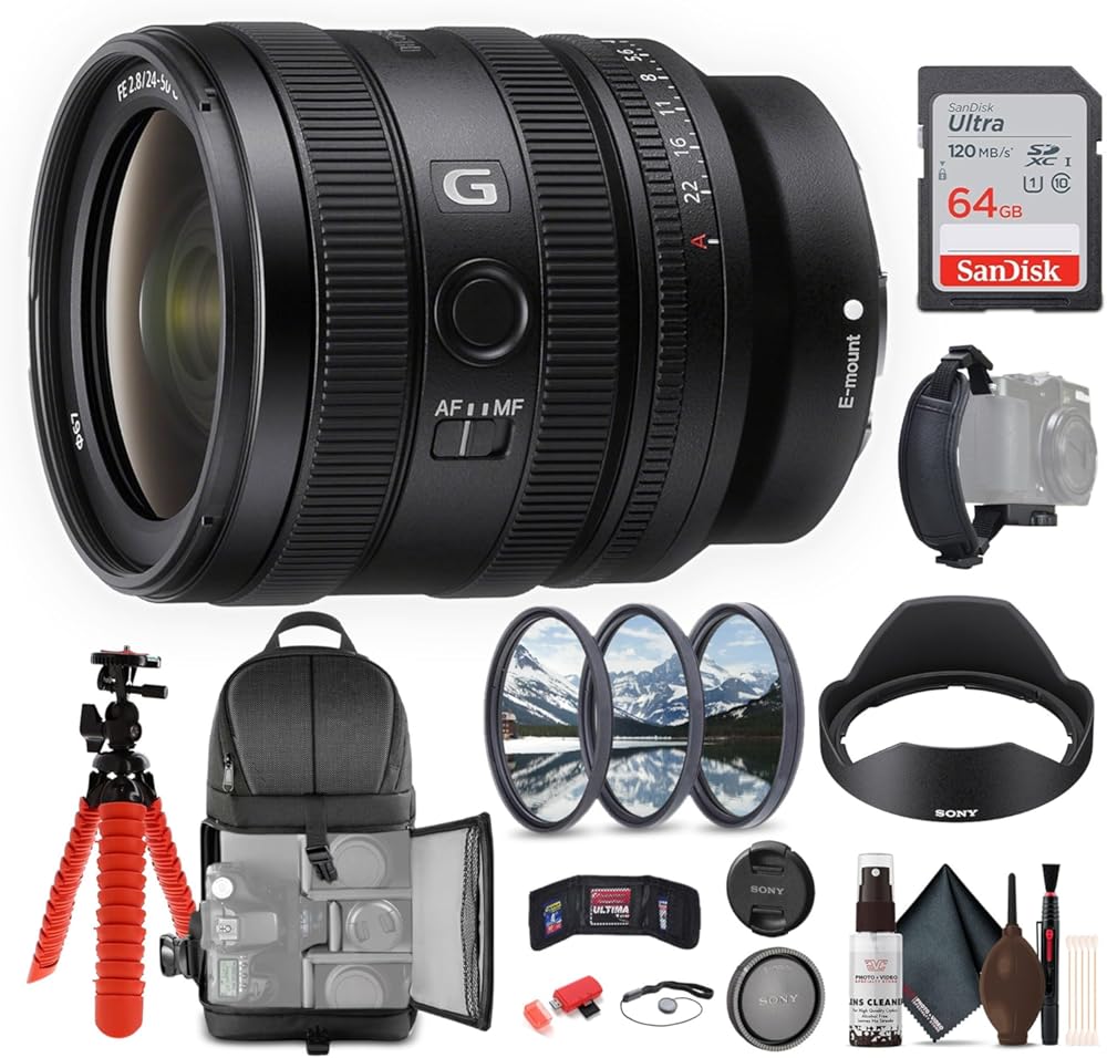 Sony FE 24-50mm f/2.8 G Lens E Mount (SEL2450G) + 64GB Memory Card + Filter Kit + Backpack + Flexible Tripod + Cap Keeper + Cleaning Kit + Memory Card Wallet + Card Reader + Hand Grip Strap