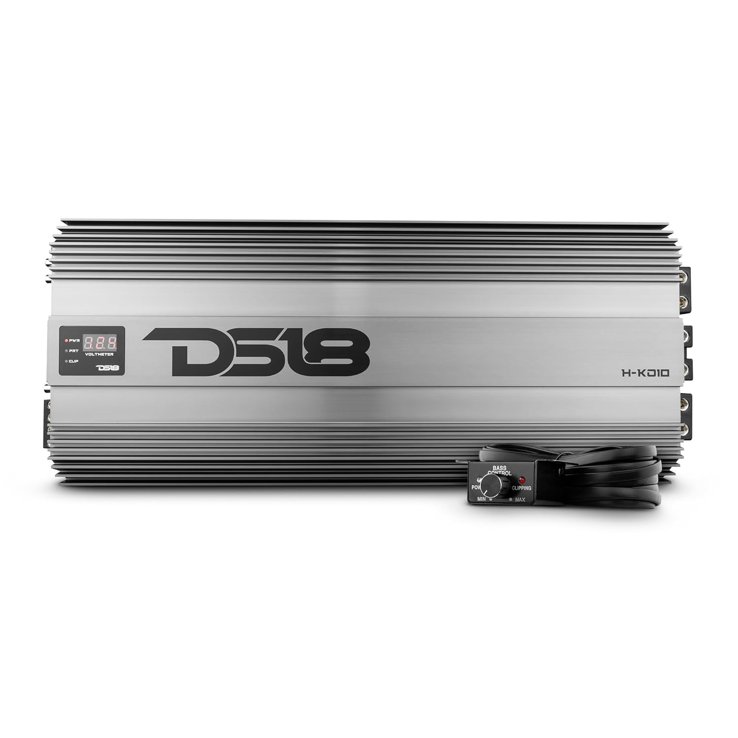DS18 H-KO10 Korean Half Bridge 1-Channel Monoblock Car Audio Amplifier with Voltmeter and Clip Indicator, 10000 Watts Rms - Remote BASS Knob Included, SPL Amplifier (Silver)