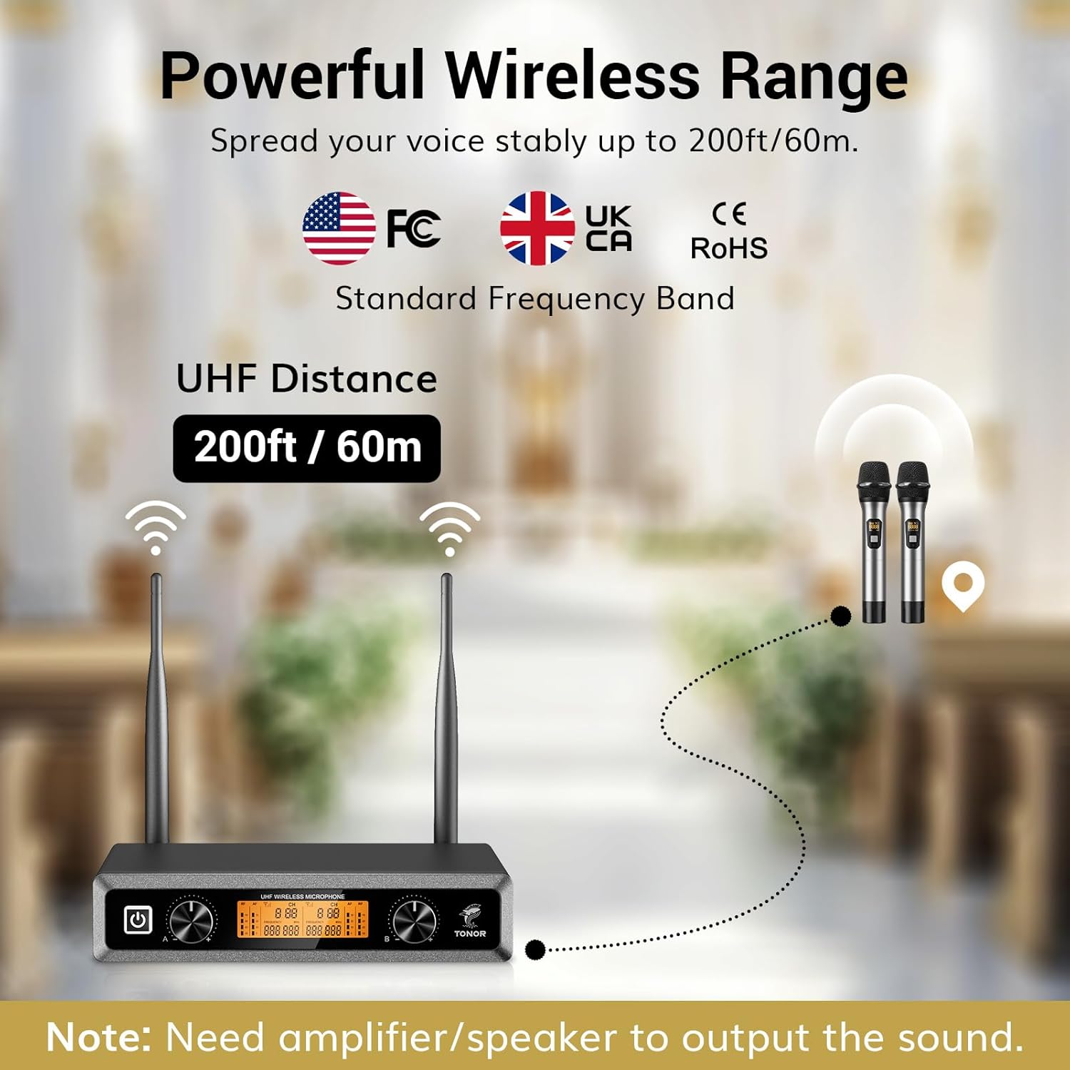 TONOR Wireless Microphones, 2 x 15 UHF Channels Professional Karaoke Microphone, Metal Handheld Cordless Dynamic Mic System for Home Party, Church, DJ, Wedding, Singing, Speech, 200ft TW820 Silver