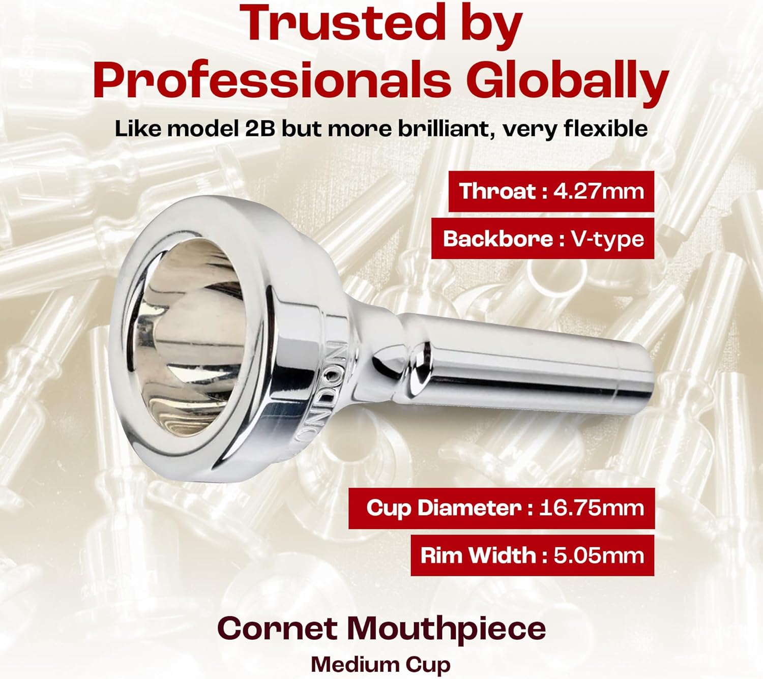 Denis Wick Silver-Plated Cornet Mouthpiece, 5881-3B - Open Backbore to Enhance Your Performance with a Clear Superior Sound and Precision - Cornet Accessory for Easy Articulation - 16.75 x 5 x 4.6mm