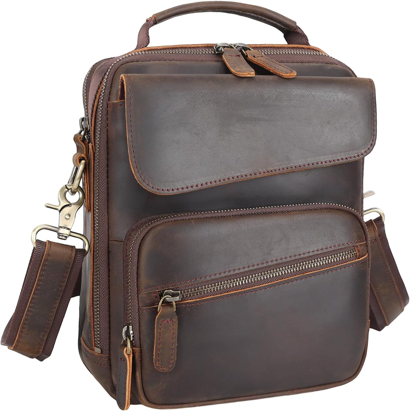 Masa Kawa Leather Messenger Shoulder Crossbody Bag for Men Fits 11 Inch Tablet, Small Flap Multi Pockets Daily Commuting Work Satchel Bags, Vintage Brown