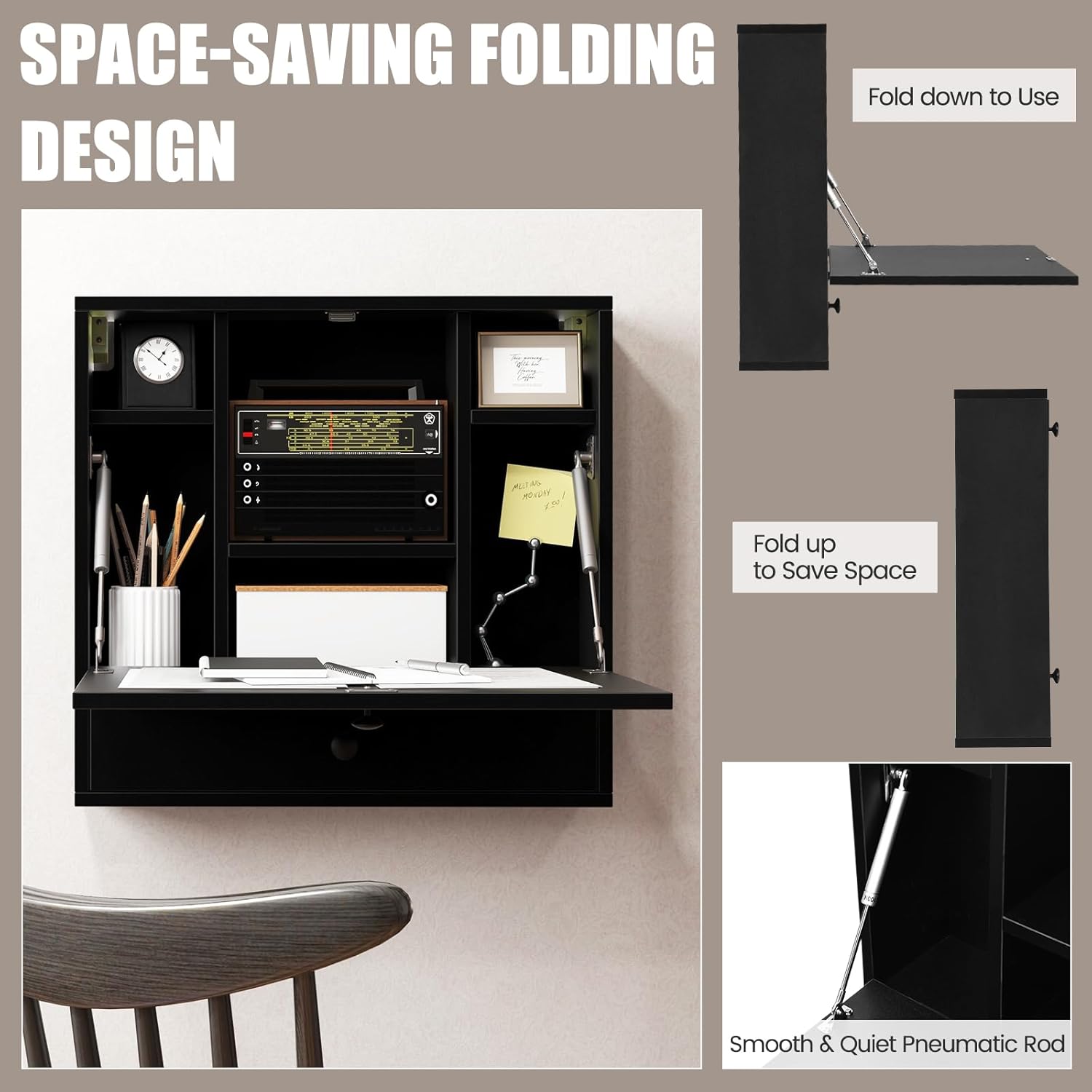 Folding Wall Desk, Wood Wall Mounted Desk with Storage Drawer and Shelves, Fold Down Wall Mount Laptop Desk, Corner Floating Desk for Small Spaces (Black)