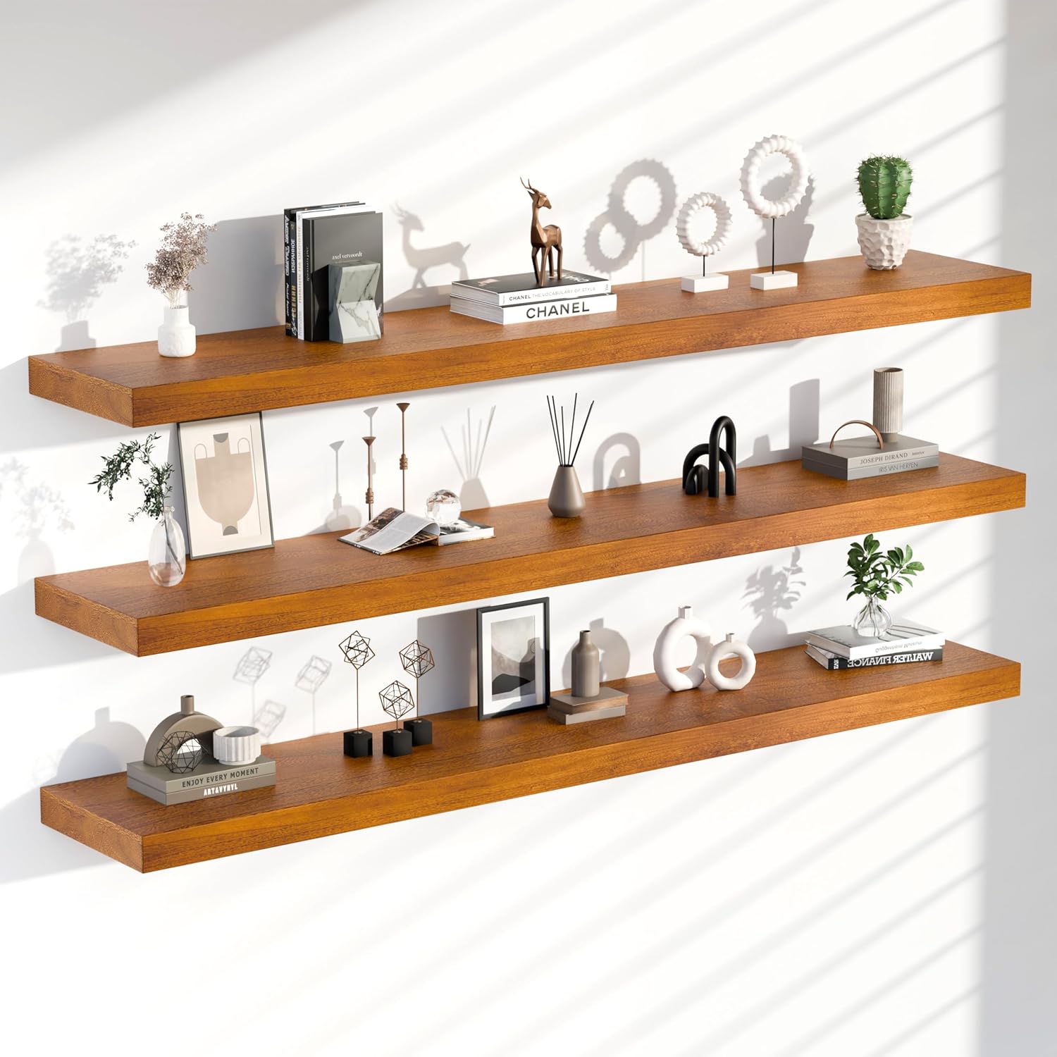 Floating Shelves for Wall, 72 Inch Extra Long Brown Wall Shelves, Set of 3, Hanging Invisible Brackets Floating Shelves for Living Room,Bedroom,and Kitchen