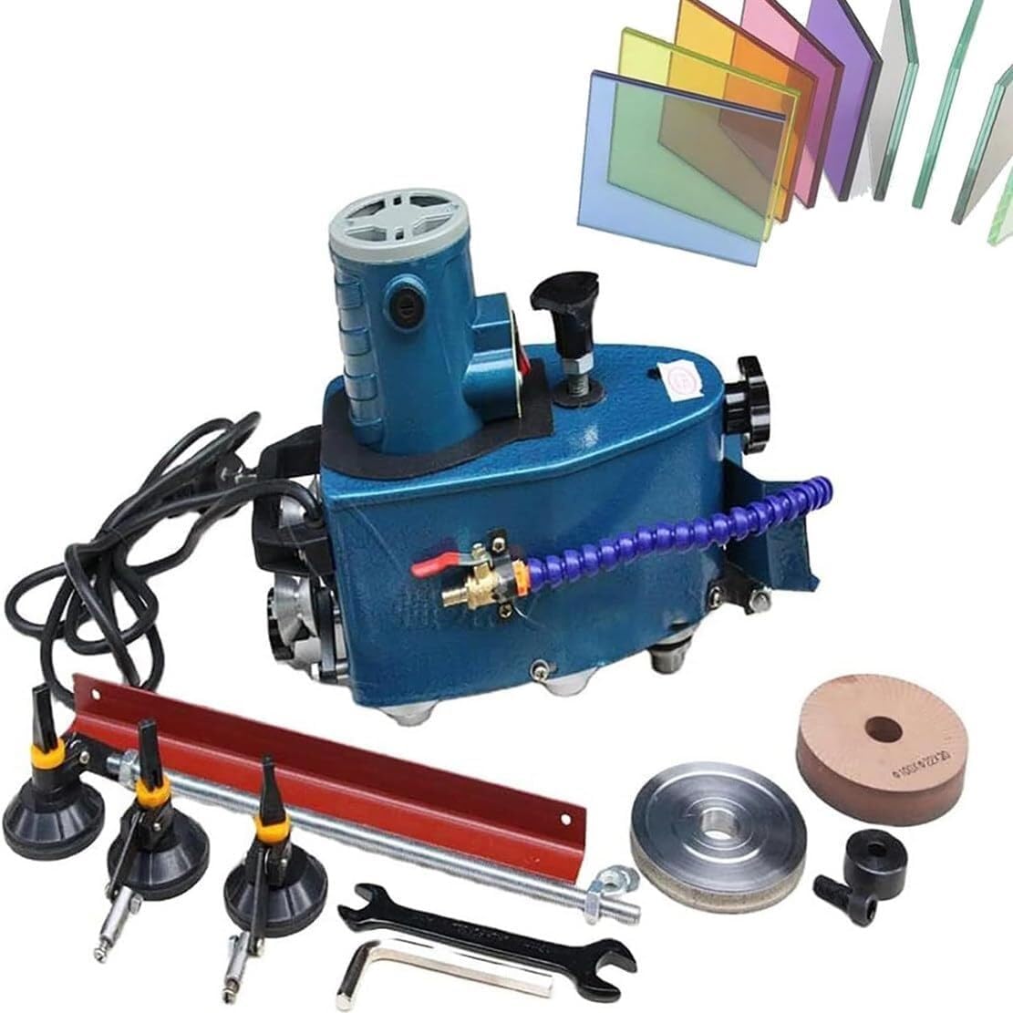 Portable Small Glass Edger, Electric Glass Edging Machine, DIY Diamond Glass Art Corner Grinding Edging Machine, Polish Edge Machine for Plane,Curve, Rounded Corner (Color : Blue)