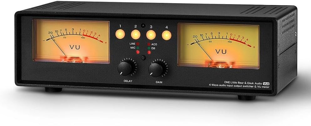 Analog Dual VU Meter 4-Way Audio Switcher Box With R-CA And Microphone Input Output, Sound Level Indicator For Studio Home Office, Gain And Sensitivity Adjustment(Yellow backlight)