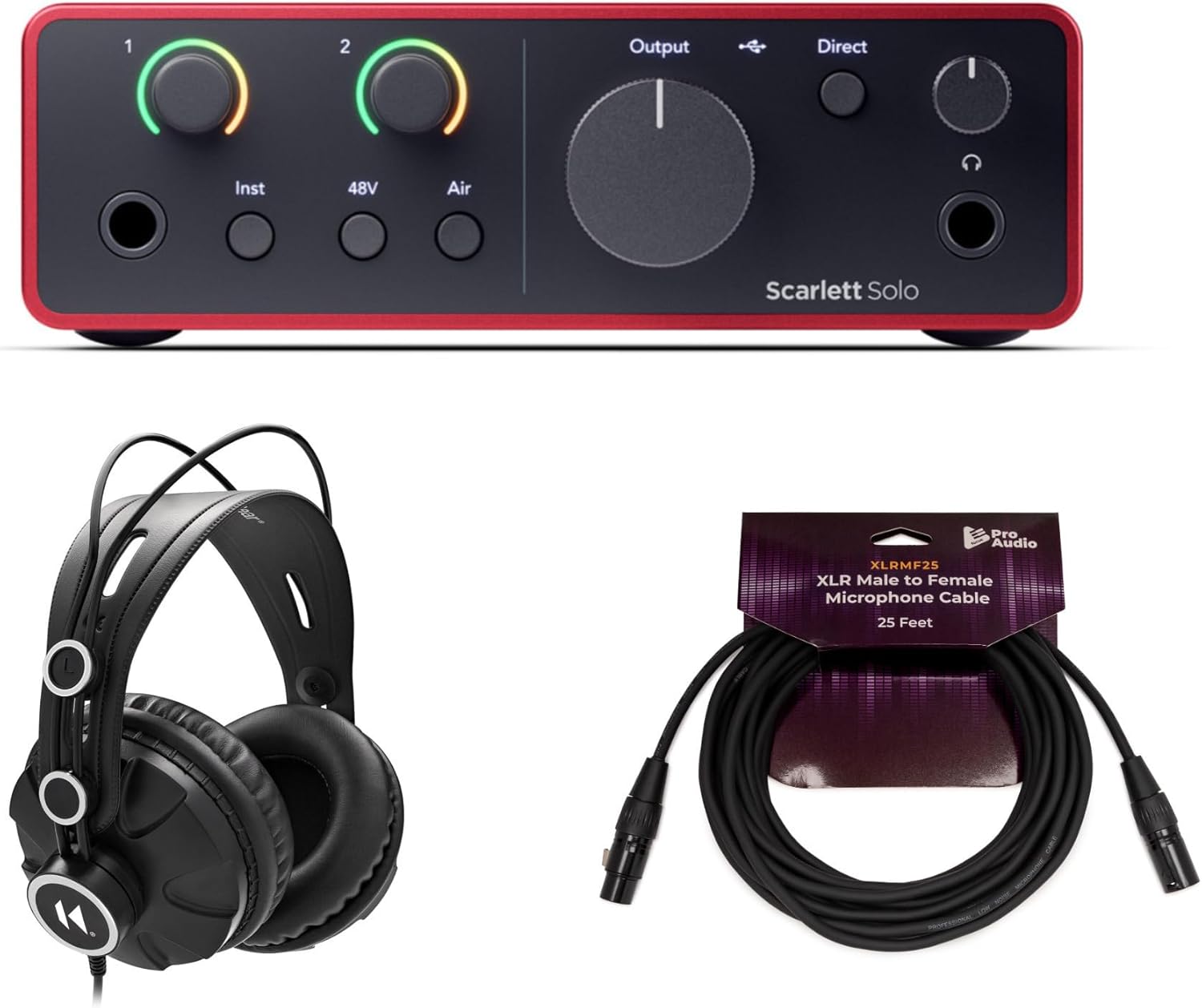Focusrite Scarlett Solo 4th Gen USB Audio Interface Bundle with Closed-Back Studio Headphones and FocusProAudio 25-Feet XLR Male to Female Microphone Cable (3 Items)