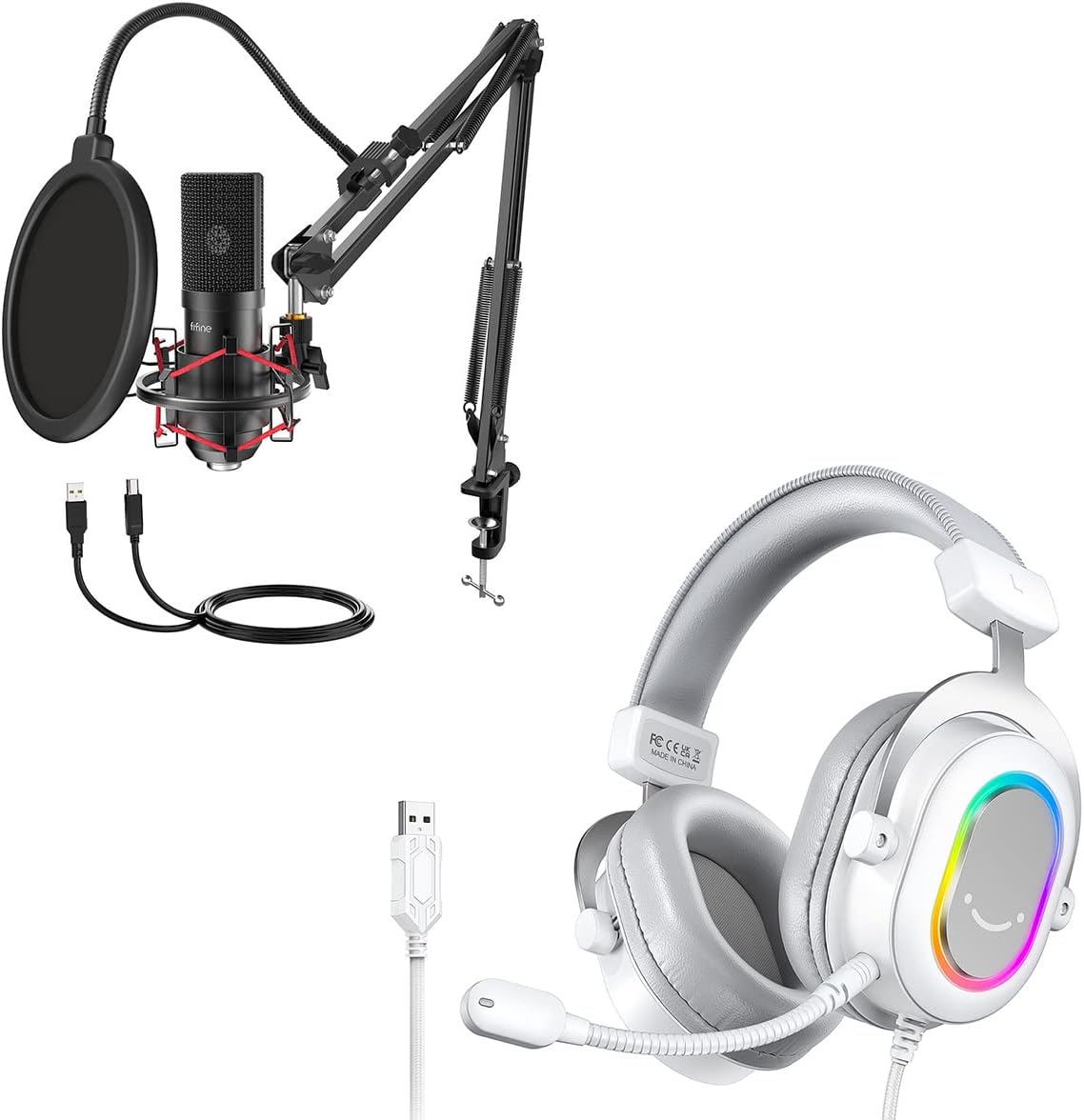 FIFINE Computer Mic and White Gaming Headset, USB Microphone Set with Flexible Boom Arm Stand Pop Filter, Plug and Play, Wired Headphones for Streaming Podcast on PC/PS4/PS5 (T732+H6W)