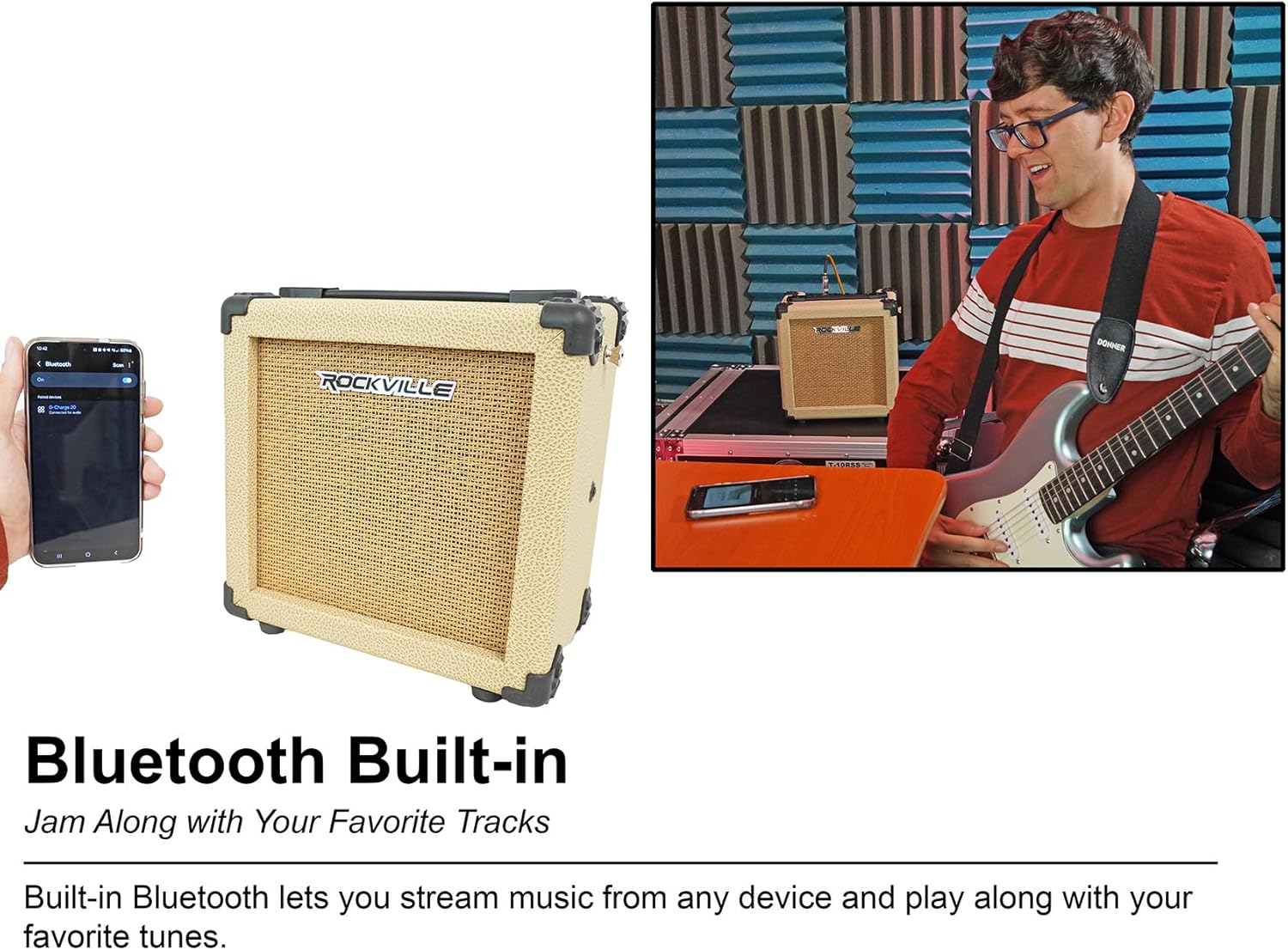 Rockville G-CHARGE 20 Beige 20W Battery-Powered Guitar Amplifier, 6.5” Speaker, Spring Reverb, Bluetooth, Mic Input, Kickback Stand, Rechargeable Amp, For Street Performances, Home Jams & Outdoor Play