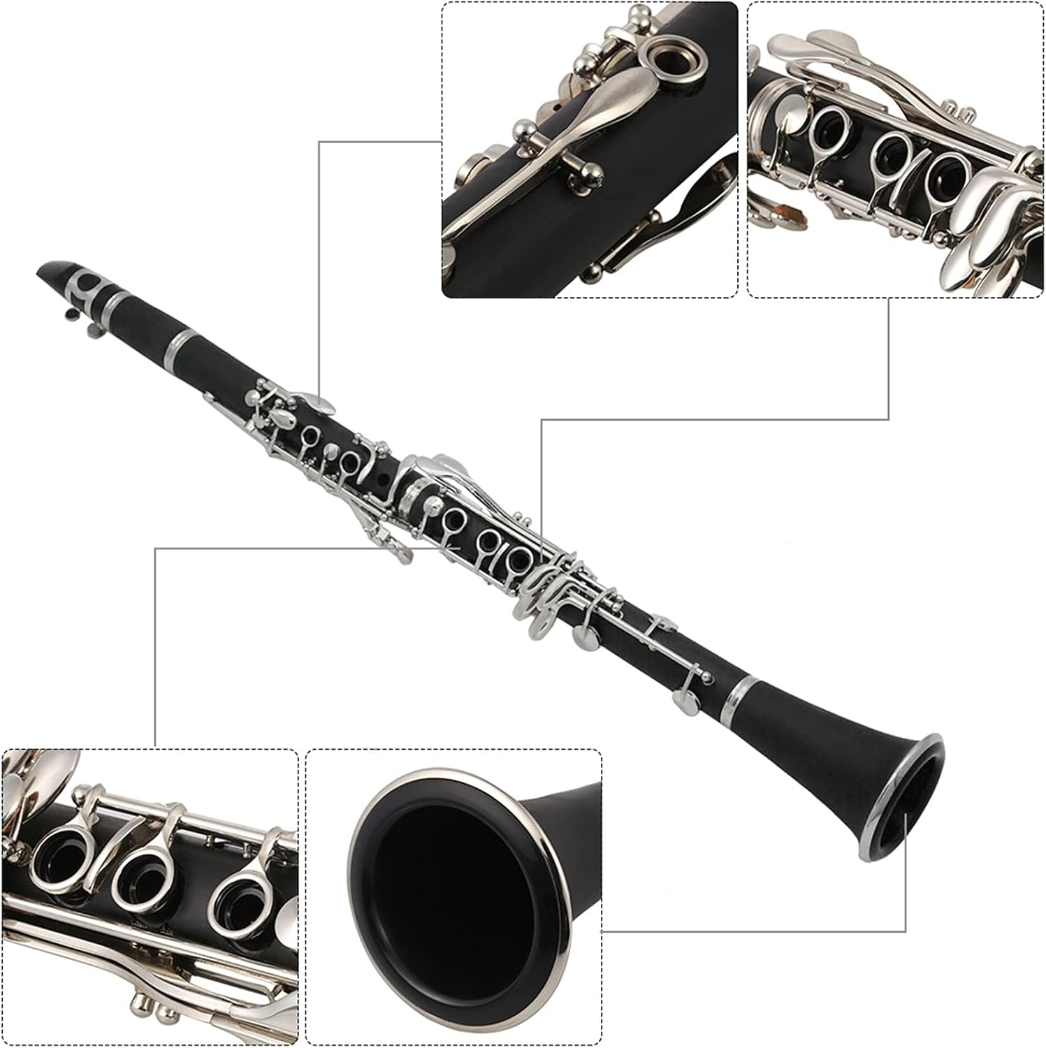 Clarinet Set ABS Clarinet Bb Cupronickel Plated Nickel 17 Key with Cork Cleaning Cloth Gloves Woodwind Instrument Professional Clarinet