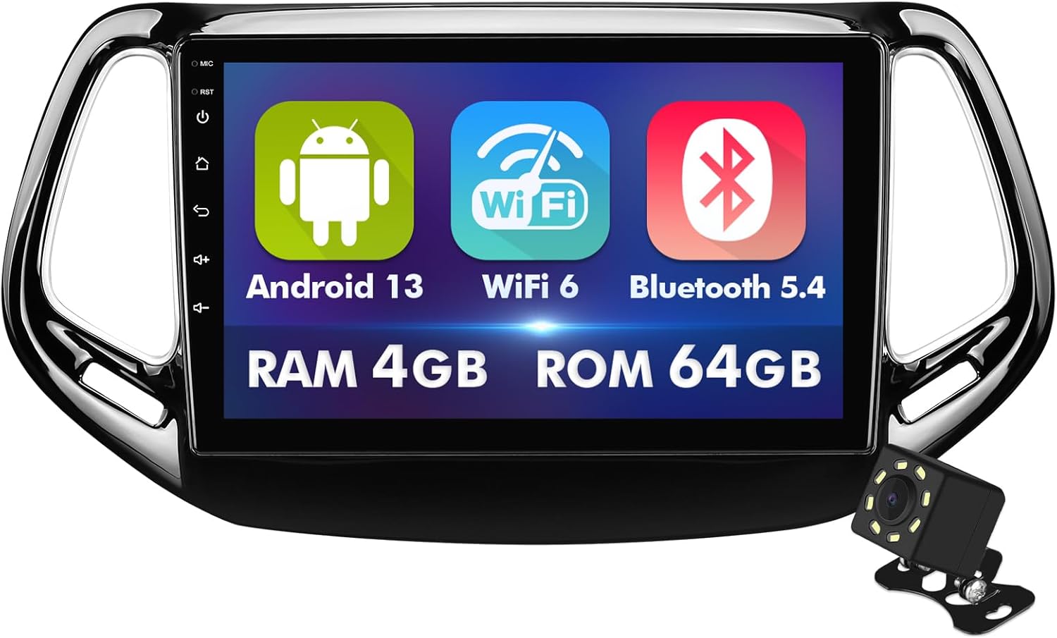 10.1 Inch IPS Touchscreen Android 14 Car Stereo for Jeep Compass 2 MP 2017-2019 with Wireless CarPlay & Android Auto 4+64GB Car Radio, Support GPS, WiFi 6, Bluetooth,5.4, Backup Camera, SWC, Dual USB