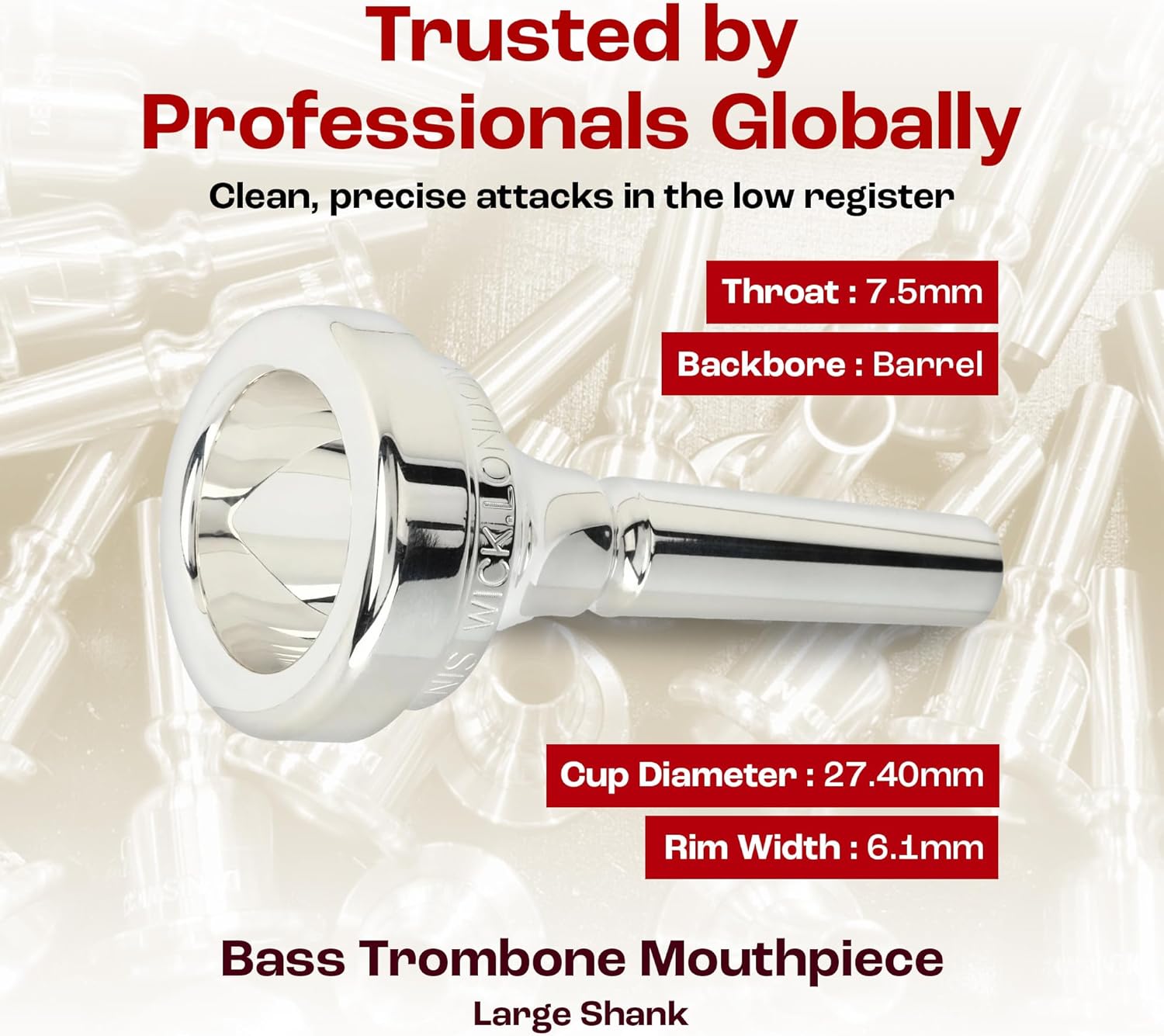 Denis Wick Classic Trombone Mouthpiece Silver Plated, 5880-0AL - Barrel Backbore for Balanced Tone & Smooth Response - Large Shank Fitting Trombone Accessory for Easy Articulation - 27.4 x 6.1 x 7.6mm