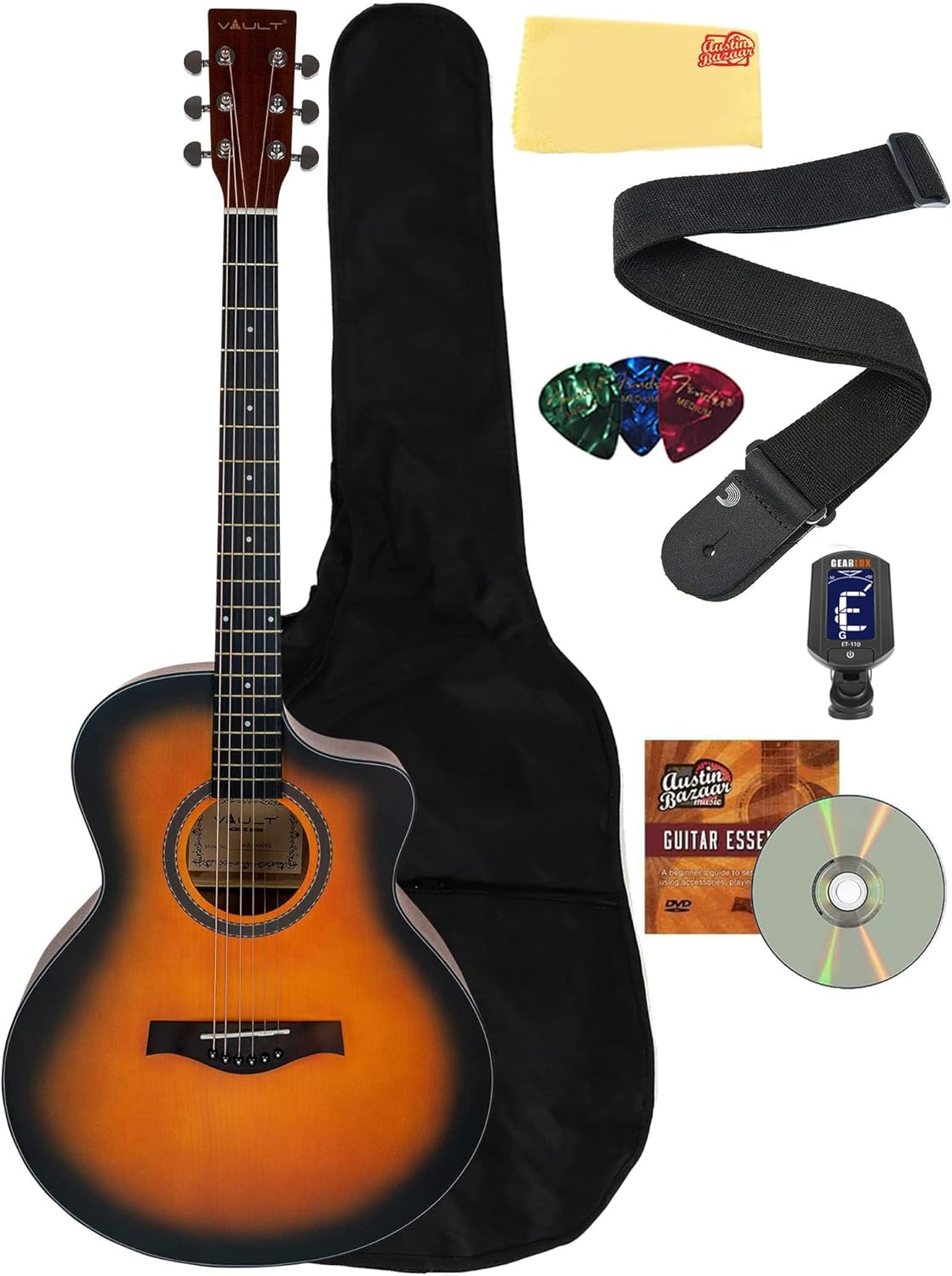 Vault EA-40CE Solid Spruce Top Cutaway Acoustic-Electric Guitar - Sunburst Bundle with Gig Bag, Tuner, Strap, Picks, and Polishing Cloth