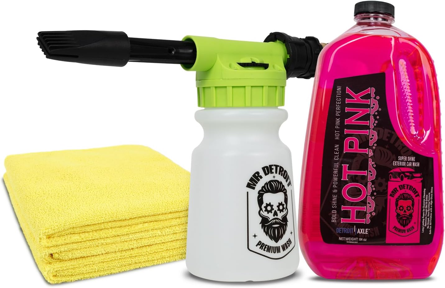 Mr. Detroit - 3pc Car Wash Kit with Foam Blaster, 64oz Car Wash Soap Container, Microfiber Towels (Pack of 3), Foam Cannon Car Soap Shampoo Streak-Free Exterior Wash for Auto Cleaning & Home Use