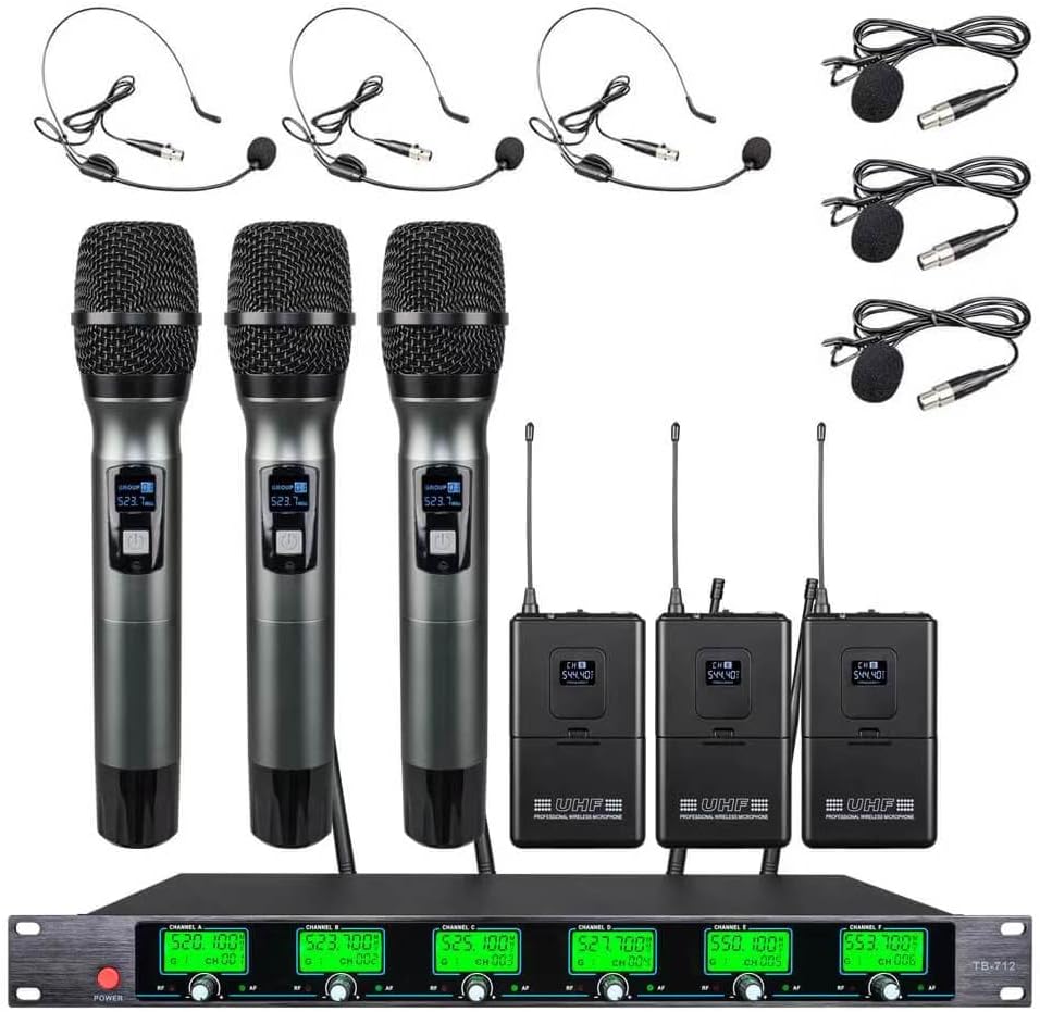 Wireless Microphone System UHF 3 Handheld Mic Headset Lavalier Bodypack 3 Lapel Mic Karaoke Church Speaking Conference Wedding Party Frequency A School 6 Channel