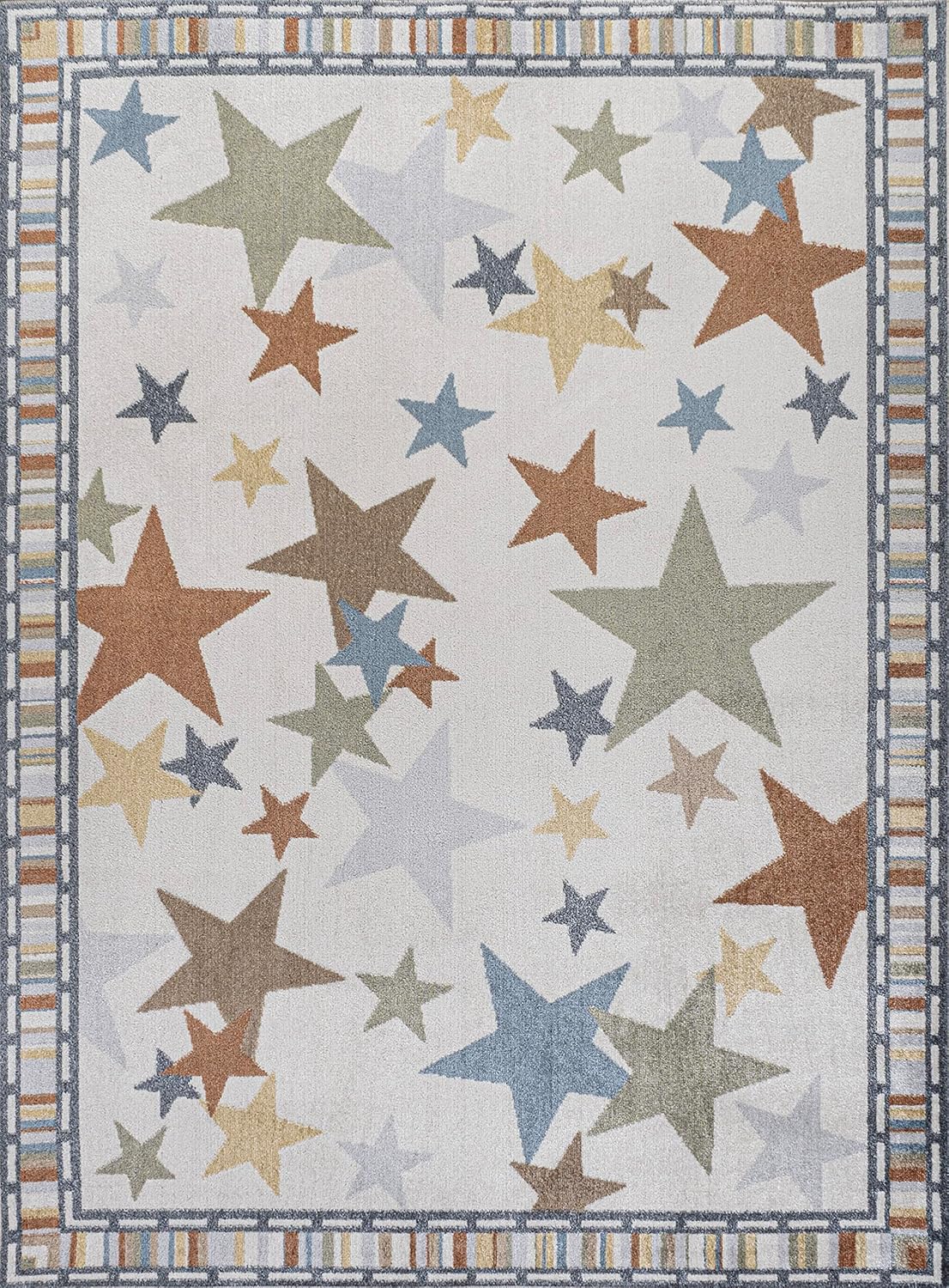 JONATHAN Y Machine-Washable Ivory/Blue/Orange Indoor Area Rug, 4x6, Star Gazer Geometric, Border, Kids & Novelty, Classic, Bedroom, Kitchen, Living Room, Easy-Cleaning, Non-Shedding (KDW100A-4)