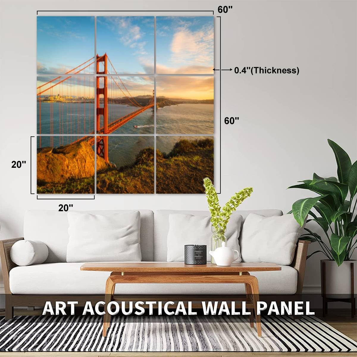 Art Acoustic Panels Sunset at Golden Gate Bridge 9 Packs Decorative Soundproof Wall Panels Large Sound Absorbing Padding for Studio Home Office 60