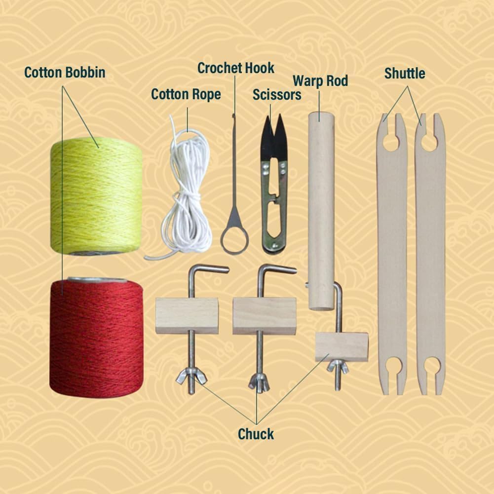 Adjustable Hand-Knit Machine, Wooden Desktop Weaving Machine, 20CM Weaving Width, Foldable Multi-Craft Loom Set, with Yarns,Rods,Combs&Shuttles, for Hand Assembled, Freehand Drawing, Creative Training