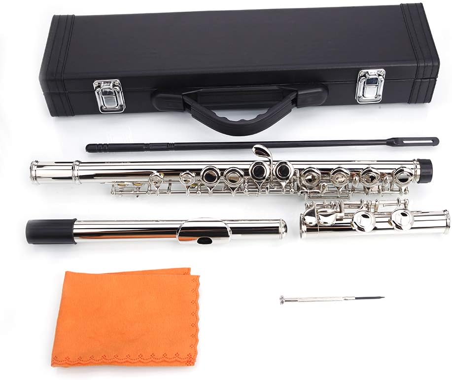 Ktaxon C Flutes with E-split, Orchestra Closed Hole Flute Kit for Beginners & Professionals, 16 Keys Musical Nickel Flute with Hard Case, Cleaning Rod, Cloth, Gloves - Silver