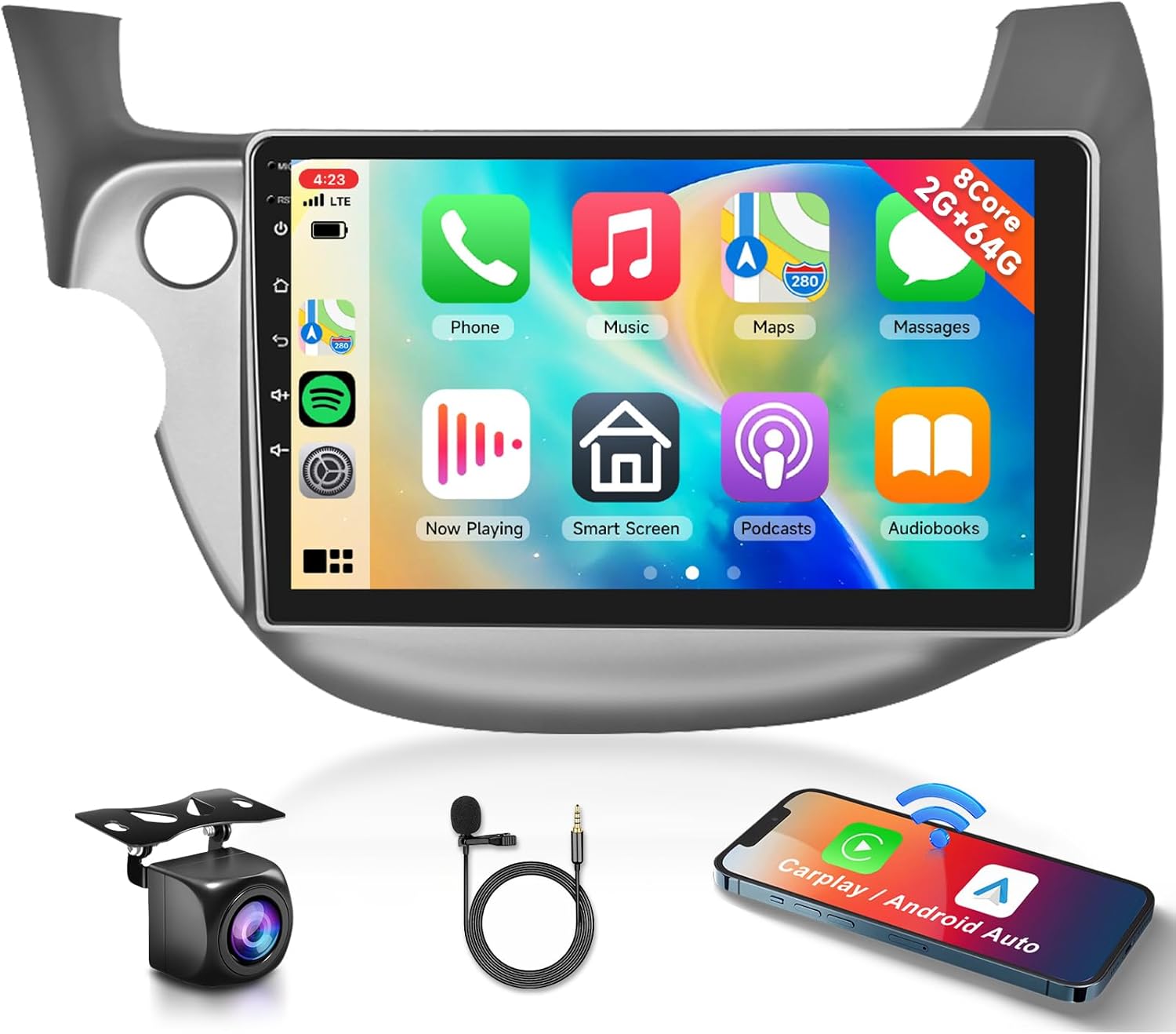 8 CORE 2G+64G Car Radio Stereo for Honda Fit 2008-2013 Wireless CarPlay Android Auto, Podofo 10.1 Inch 1280 * 720P IPS Touch Screen Android 13 GPS WiFi Bluetooth DSP SWC HD Backup Camera