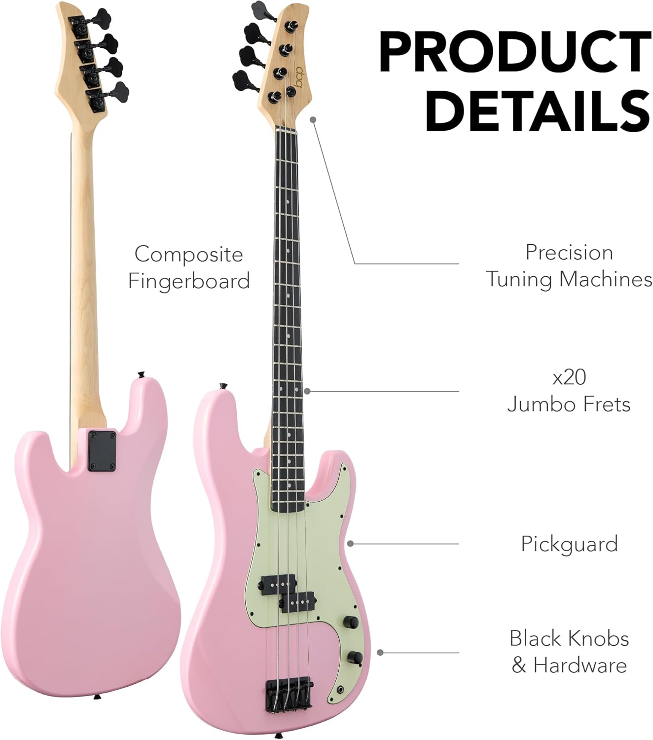Best Choice Products Full Size Beginner 4-String Electric Bass Guitar, Wooden PB-Style Bass Starter Set w/Padded Carrying Case - Pink/Mint