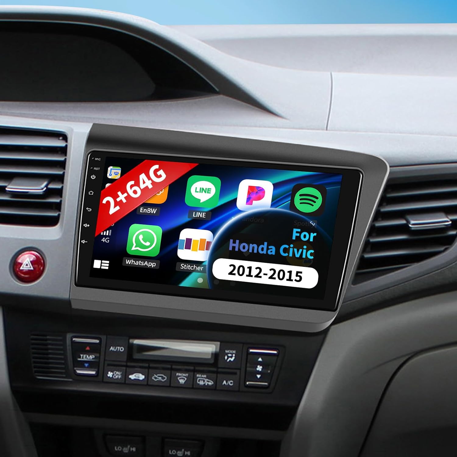 2+64G Android 15 Car Stereo for Honda Civic 2012-2015 with Wireless CarPlay Android Auto, 9