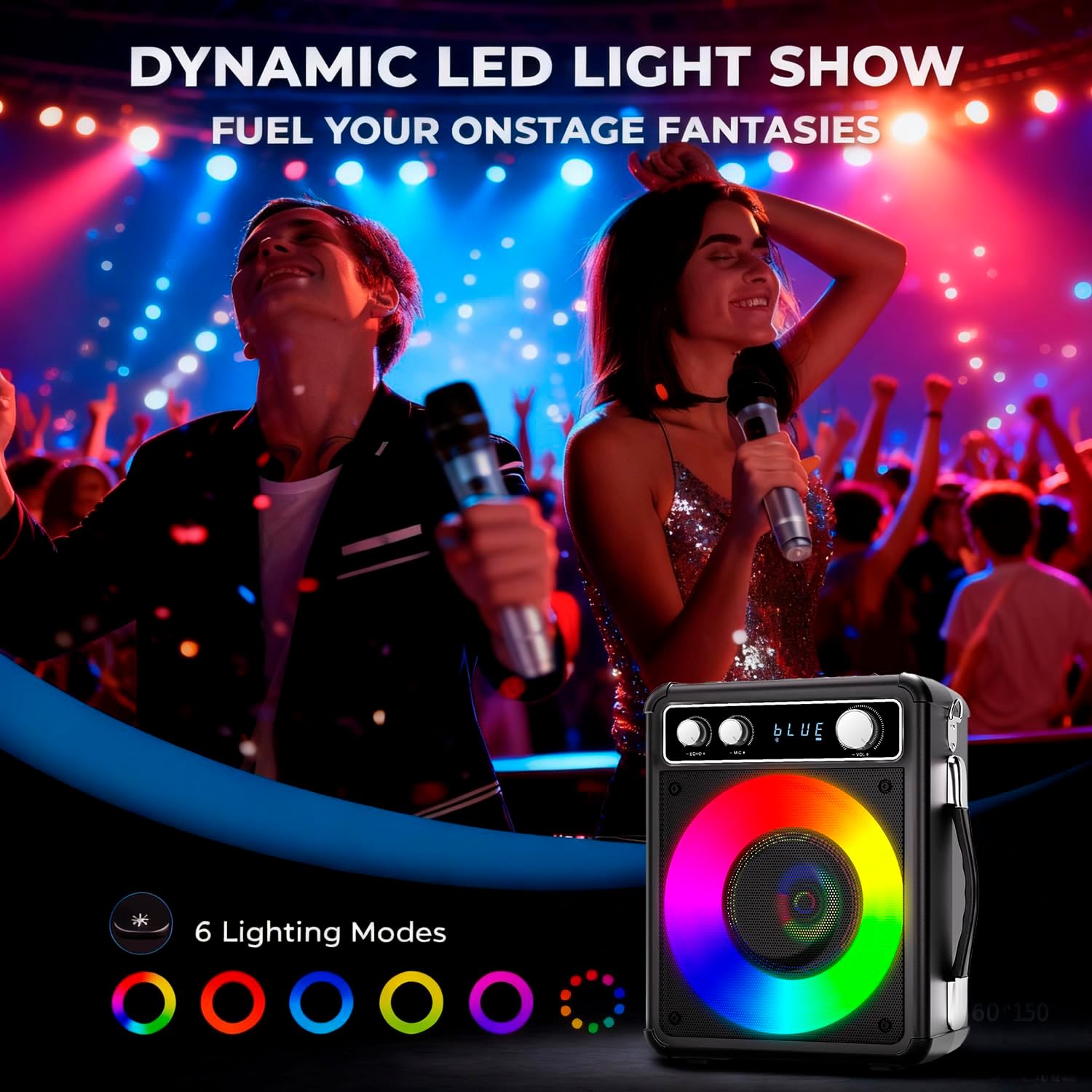 Karaoke Machine, Portable Bluetooth Karaoke Speaker with 2 Wireless Microphones, PA System for Adults Kids with LED Lights & Echo Adjustment, Supports TWS/TF/USB/AUX for Home Party