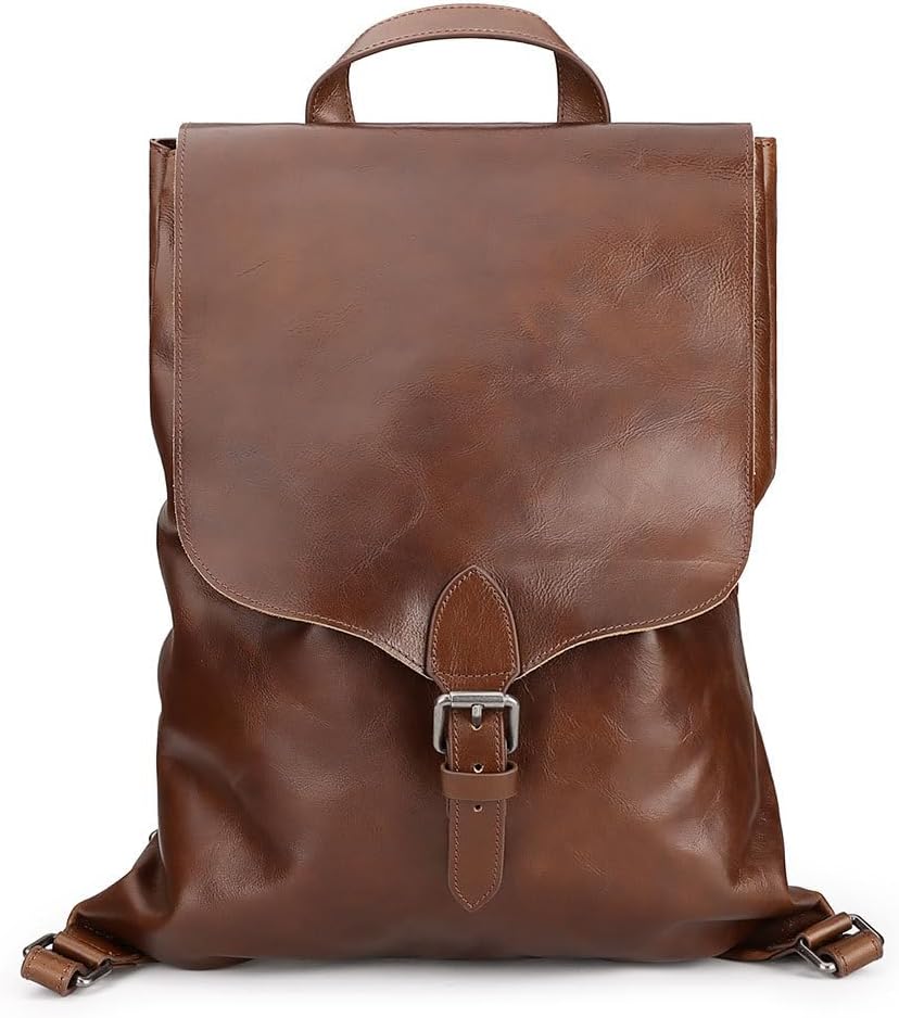 Genuine Leather Adjustable Backpack Laptop Business Travel Work Everyday Use Casual Daypack Essentials Bag Gift Box (Brown)