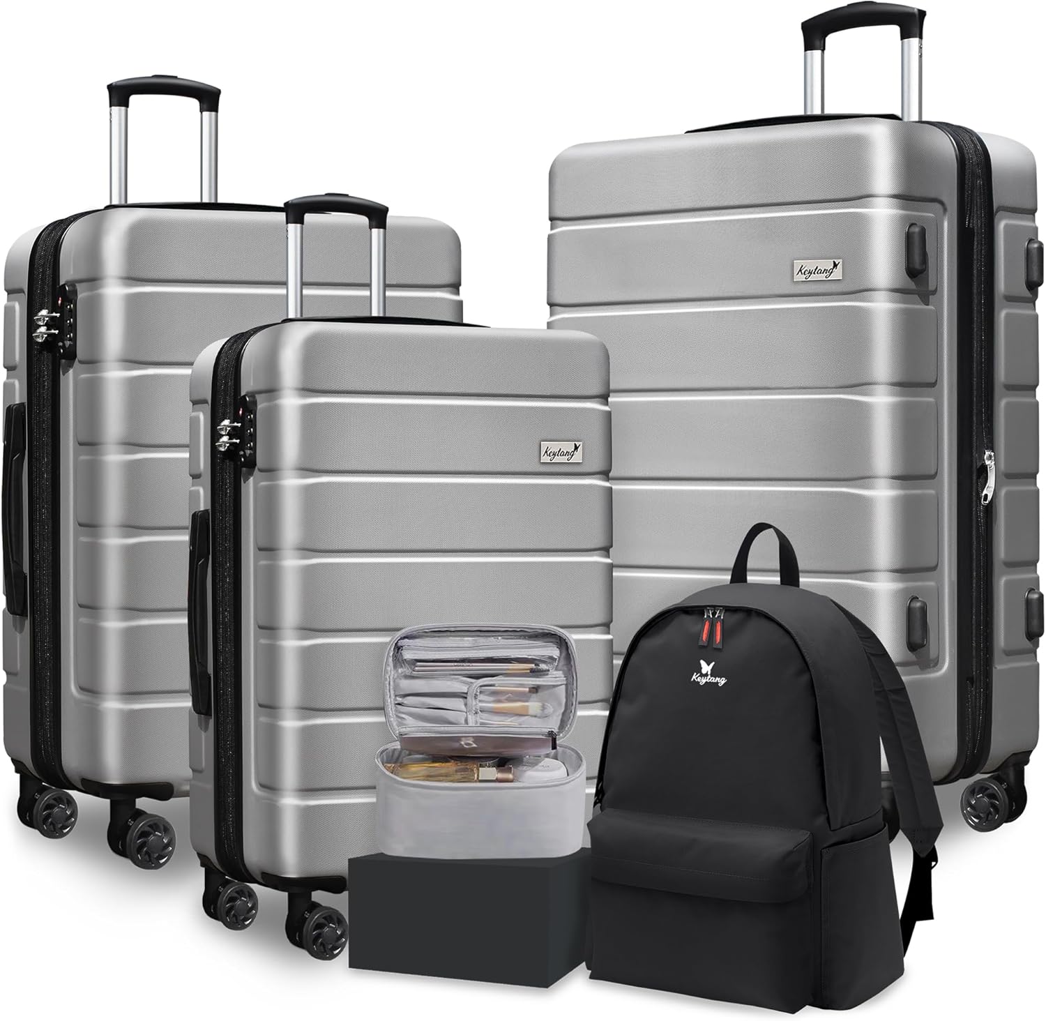 Explorer Luggage Set, Lightweight Hardside Suitcase, Expandable Carry-On Luggage with Travel Backpack & Cosmetic Makeup Bag, 5-Piece Set (20in/24in/28in), Silver