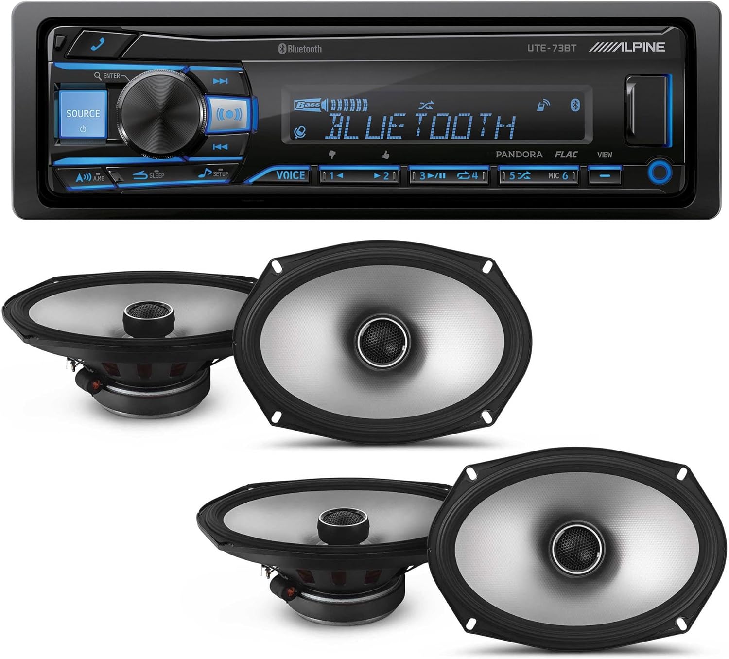 Alpine UTE-73BT Mech-Less Digital Bluetooth Media Receiver with 2 Pairs Alpine S2-S69 Type S 6x9 Coax Speakers