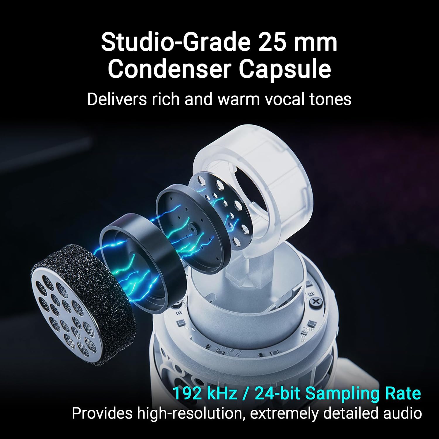 ASUS ROG Carnyx USB Gaming Microphone (25mm Condenser Capsule, 192kHz/24-bit, Cardioid, high-Pass Filter, Built-in pop Filter, Metal Shock Mount, one-Touch Mute, Aura Sync RGB)- Moonlight White