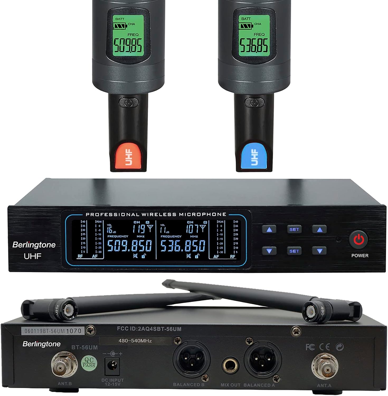 Berlingtone Wireless Microphone System, 2 Handheld Dynamic Microphones,120- Adjustable Frequency Channel, Metal case and mic for Karaoke, Meeting, Party, Church, DJ, Wedding, up 260ft Range (BR-56UM)