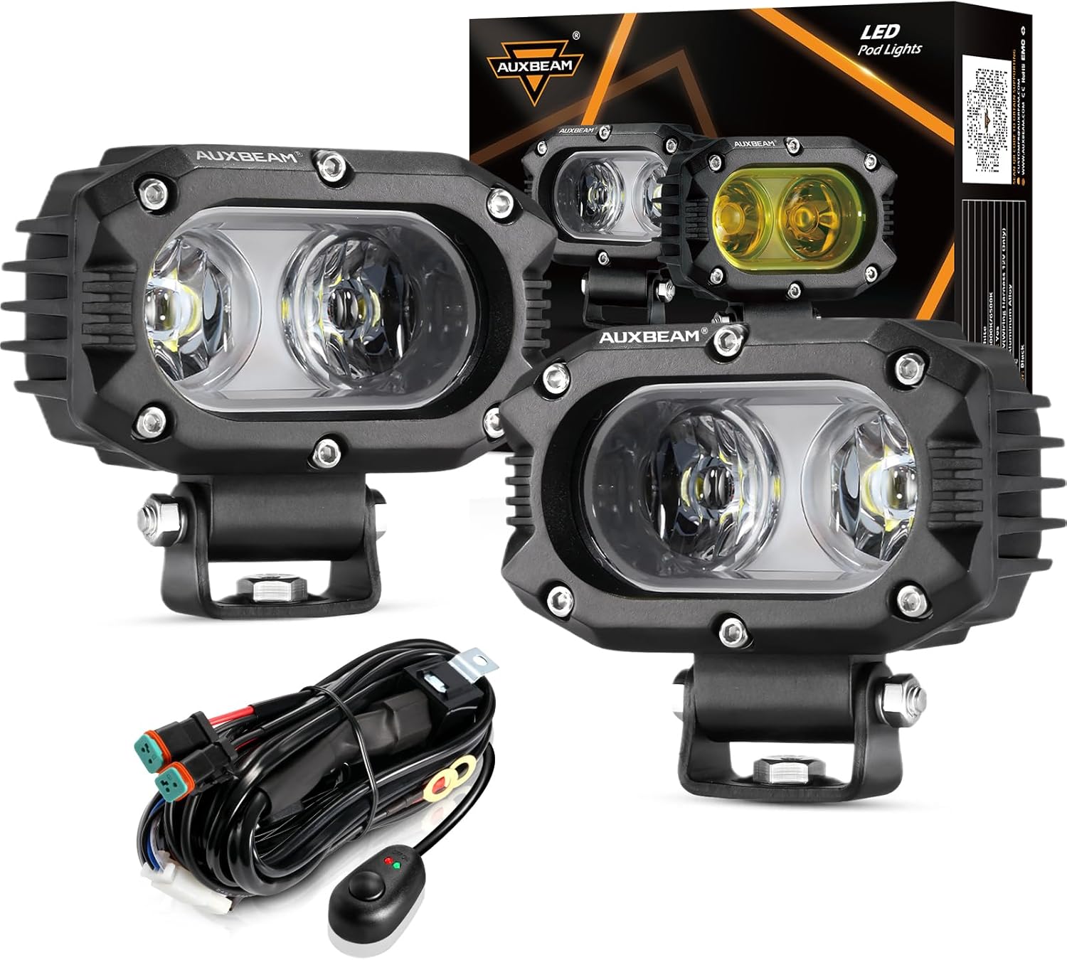 Auxbeam 4 Inch LED Light Pods, 60W Square Offroad Driving Light Super Bright 120° White Broad Flood Beam Pods Light with Off Road Wiring Harness for Wrangler Truck Pickup SUV ATV UTV (2 Pcs)