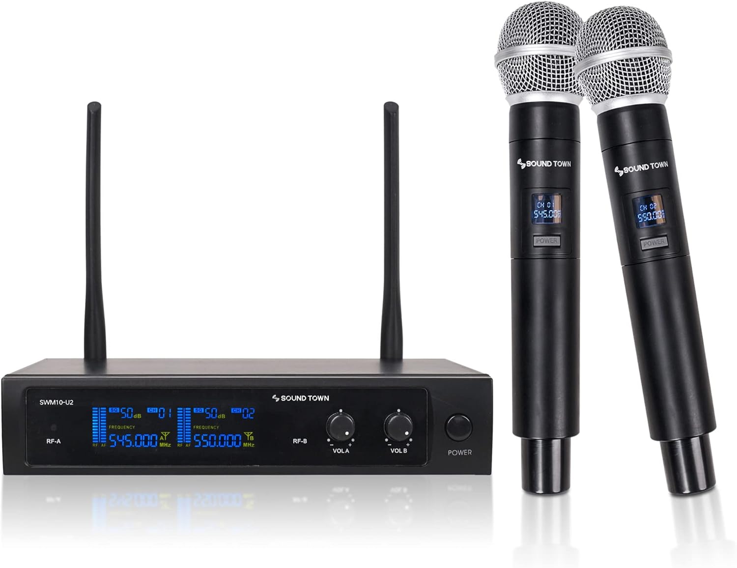 Sound Town SWM10-U2HH Professional Dual-Channel UHF Wireless Microphone System with 2 Handheld Mics, for Church, Business Meeting, Outdoor Wedding and Karaoke
