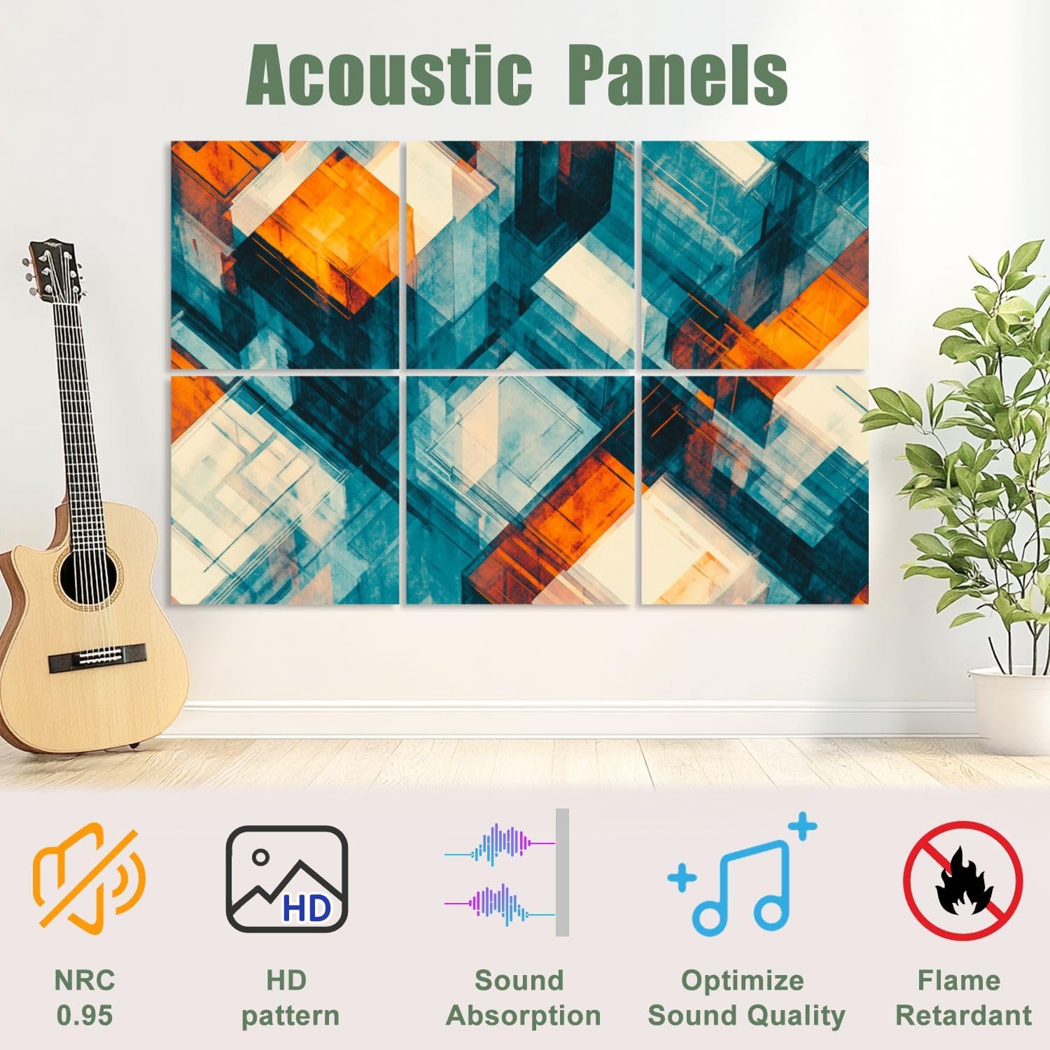 6 Pack Art Acoustic Panels Sound Absorbing Abstract Teal Overlapping Cubes Transparent Layers Bright Orange Decorative Soundproof Wall Panels Self Adhesive for Recording Studios Office 72