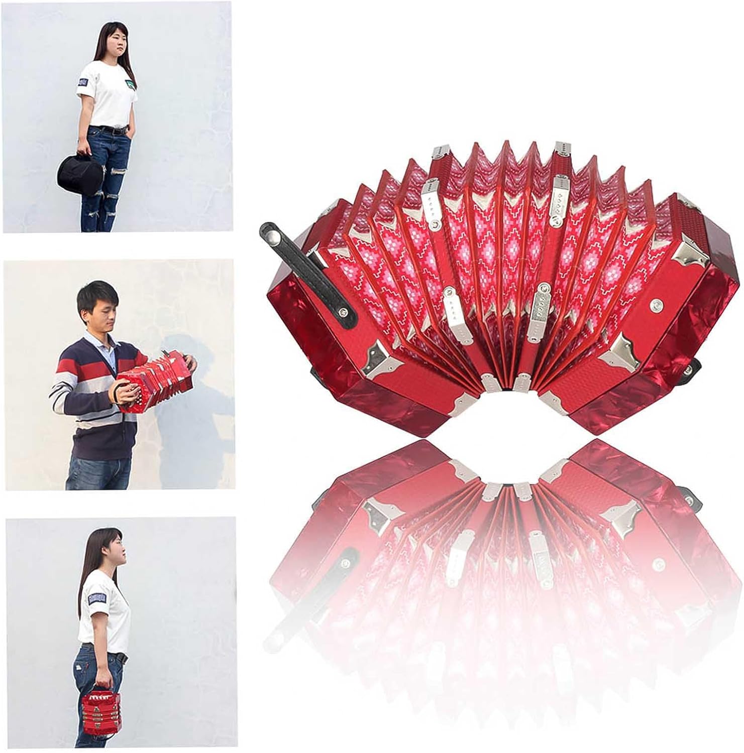 Tissting Concertina, 20 Keys Accordion For Adults, 20 Button 40 Reeds Anglo Style With Carrying Bag, Anglo Style Gc Tuned Accordion With Leather Strap And Carry Bag Red