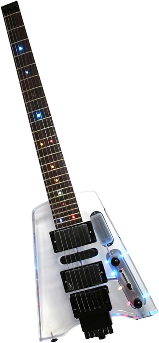 VENEKA Headless Electric Guitar Headless Portable Travel Acrylic Mini Electric Guitar with Tremolo Bridge and HHS Pickup