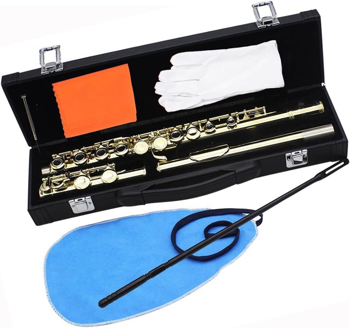 Flute Golden 16 Holes C Tone Flute with E Key Woodwind Instrument Closed Hole Gold-Plated Keys Cupronickel Tube Flutes Musical Instruments
