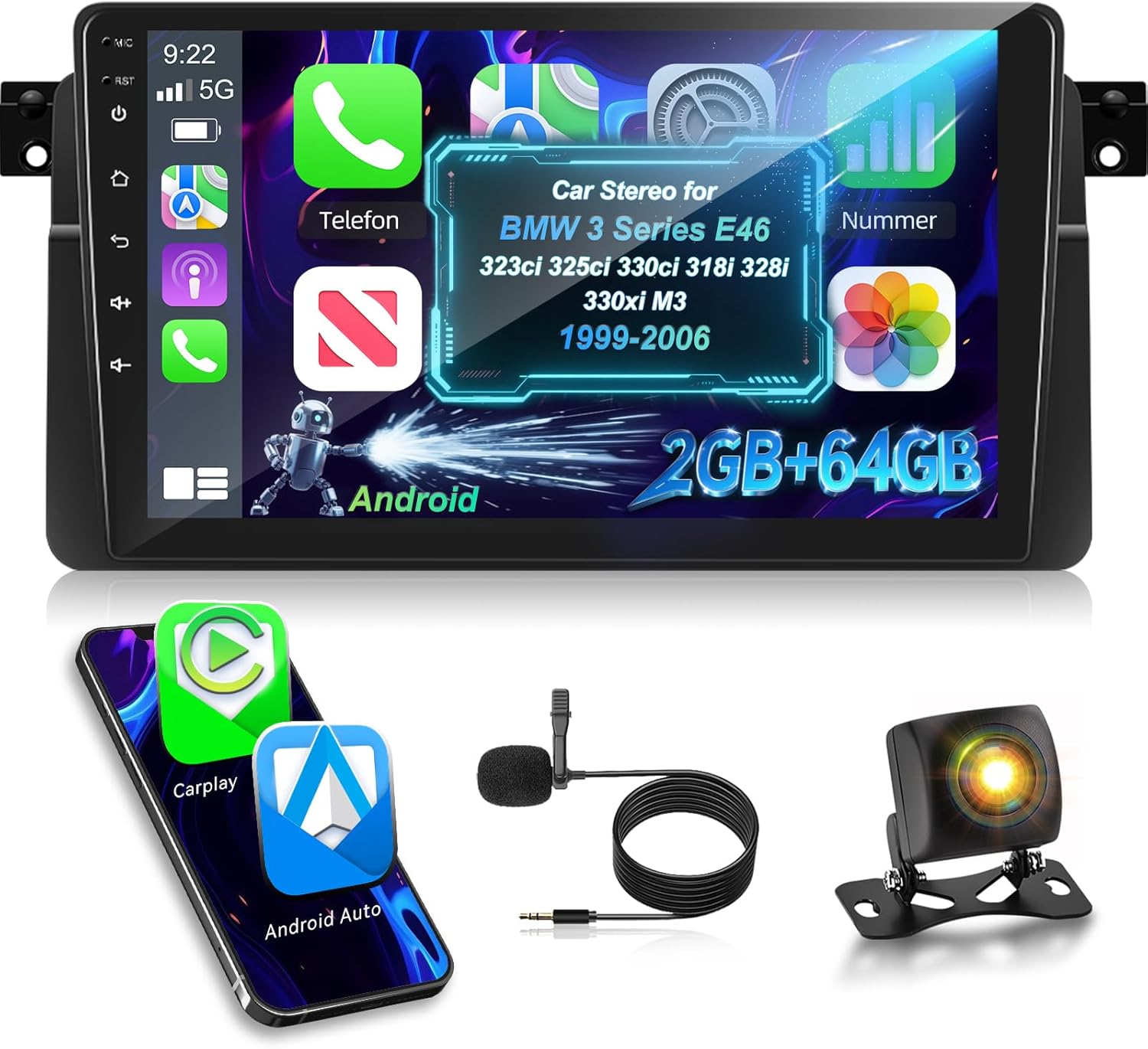 2G+64G Car Radio for BMW 3 Series E46 323ci 325ci 330ci 318i 328i 330xi M3 1999-2006, 9″ Android Touchscreen Car Stereo, Wireless CarPlay & Android Auto, GPS, Bluetooth, SWC