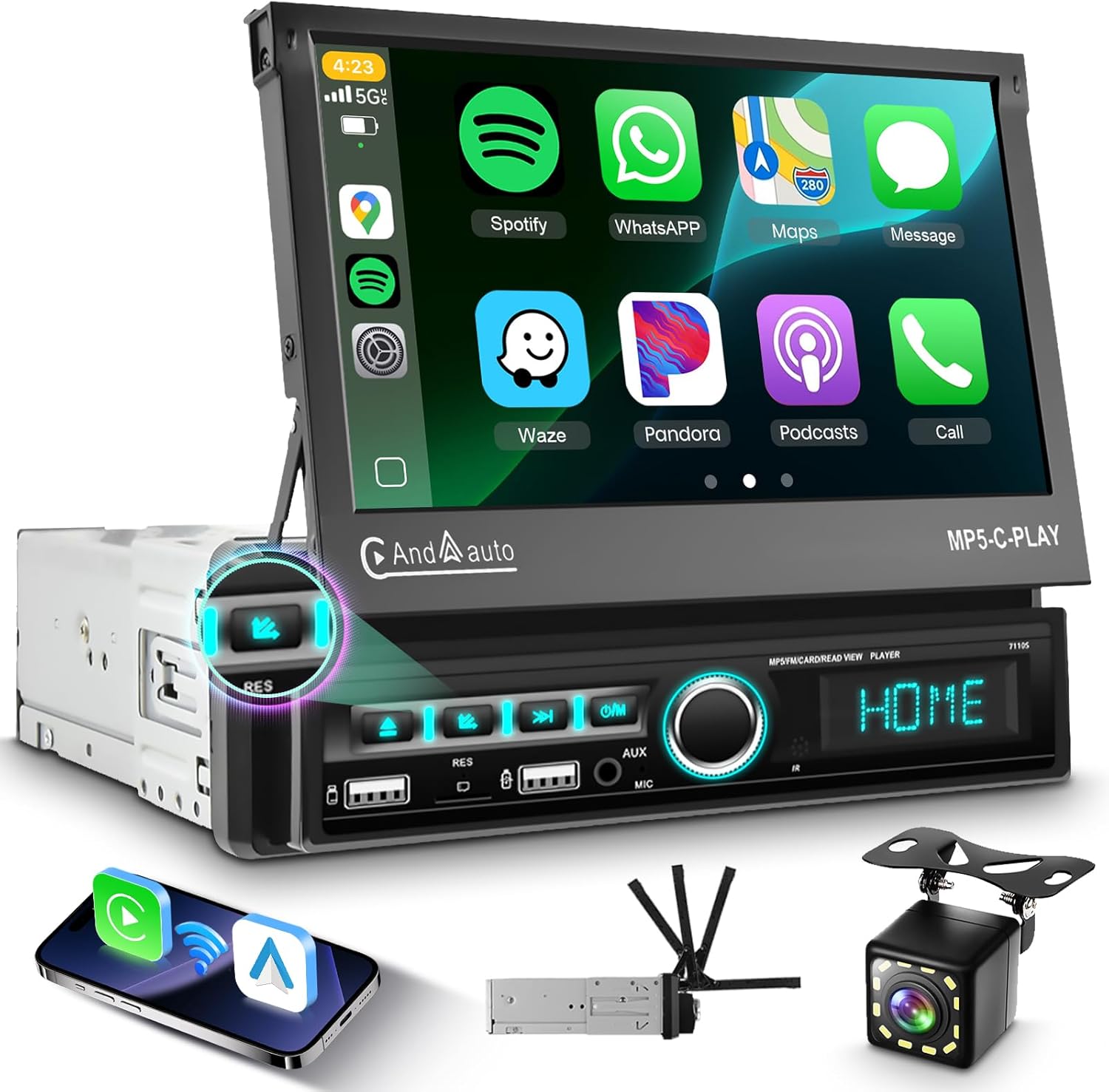 Single Din Car Stereo with Wireless Carplay Android Auto, 7