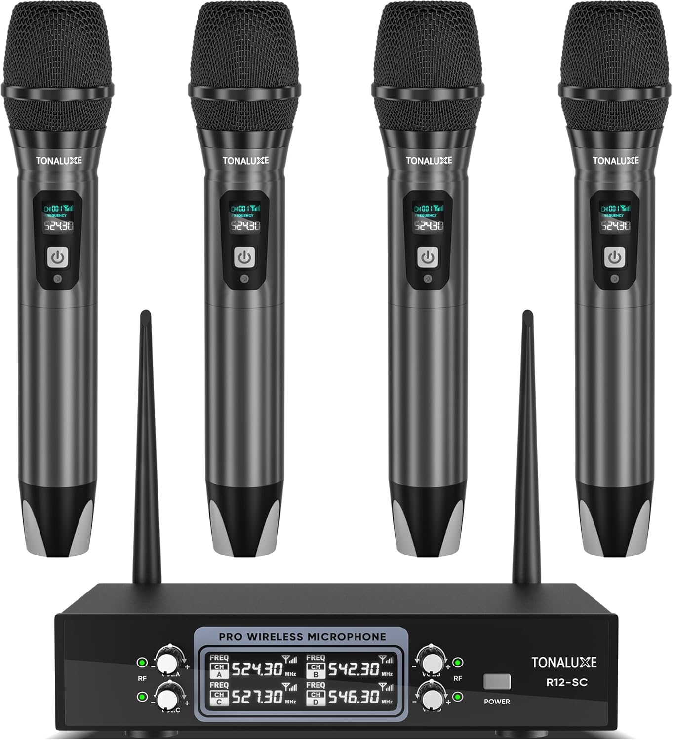 4 Channel Wireless Microphone System with Metal Receiver, 4 Handheld Mics, Independent Volume Control, 262ft Range, UHF Karaoke Mic Set for Home Party, Classroom, Church, Wedding, Events