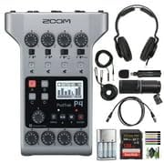 Zoom PodTrak P4 Portable Multitrack Podcast Recorder + 4X AA Batteries with Charger + 128GB Memory Card + XLR Female to Male Cable + Cleaning kit + ZDM-1 Podcast Mic Pack