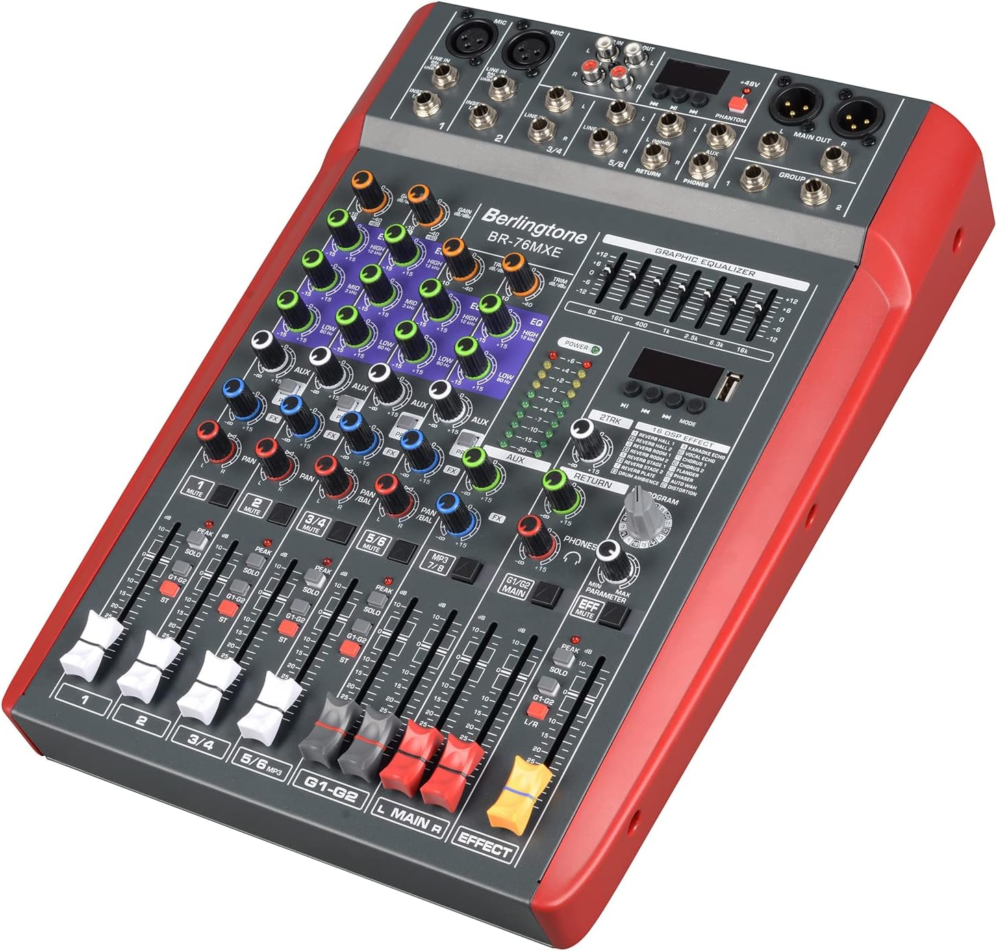Professional 6 - Channel Bluetooth Studio Audio Mixer - DJ Sound Controller, USB Drive, PC Recording, RCA, XLR Microphone Jack, 7 Band EQ, 16BIT Digital Multi Effect Processor (BR-76MX)