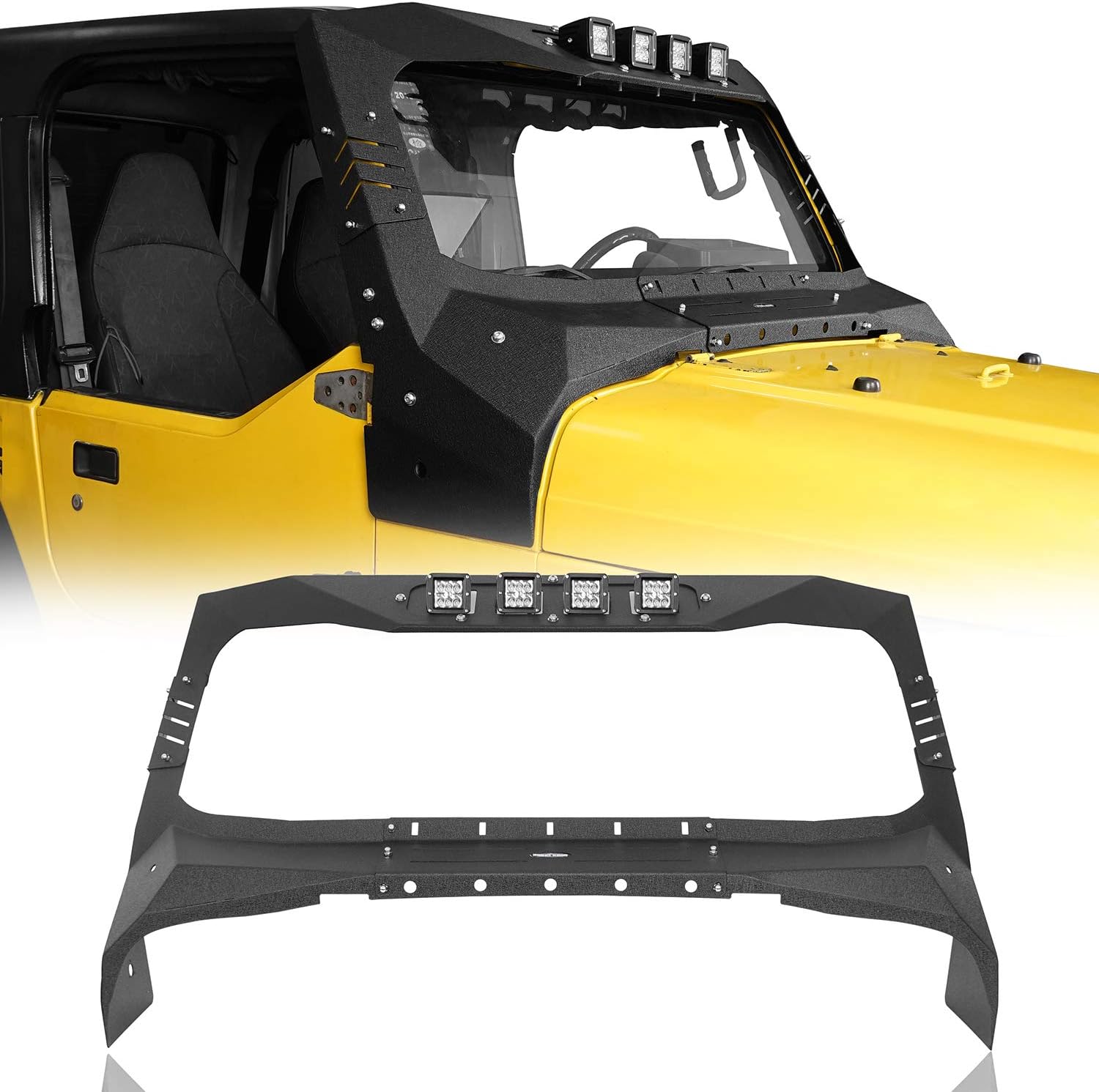 Hooke Road TJ Windshield Frame Cover Roof Sun Visor Cowl Body Armor w/LED Lights for Jeep Wrangler TJ 1997 1998 1999 2000 2001 2002 2003 2004 2005 2006