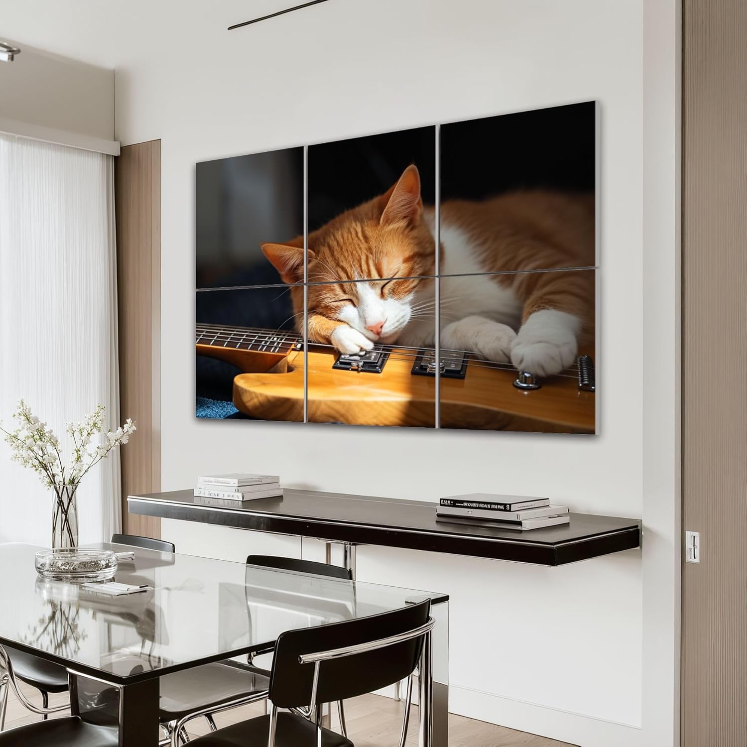 6 Panels Art Acoustic Panels Cute ginger cat lying cushion next to beautiful wooden bass guitar Soundproof Wall Panels Padding Decorative Sound Absorbing Panel 72