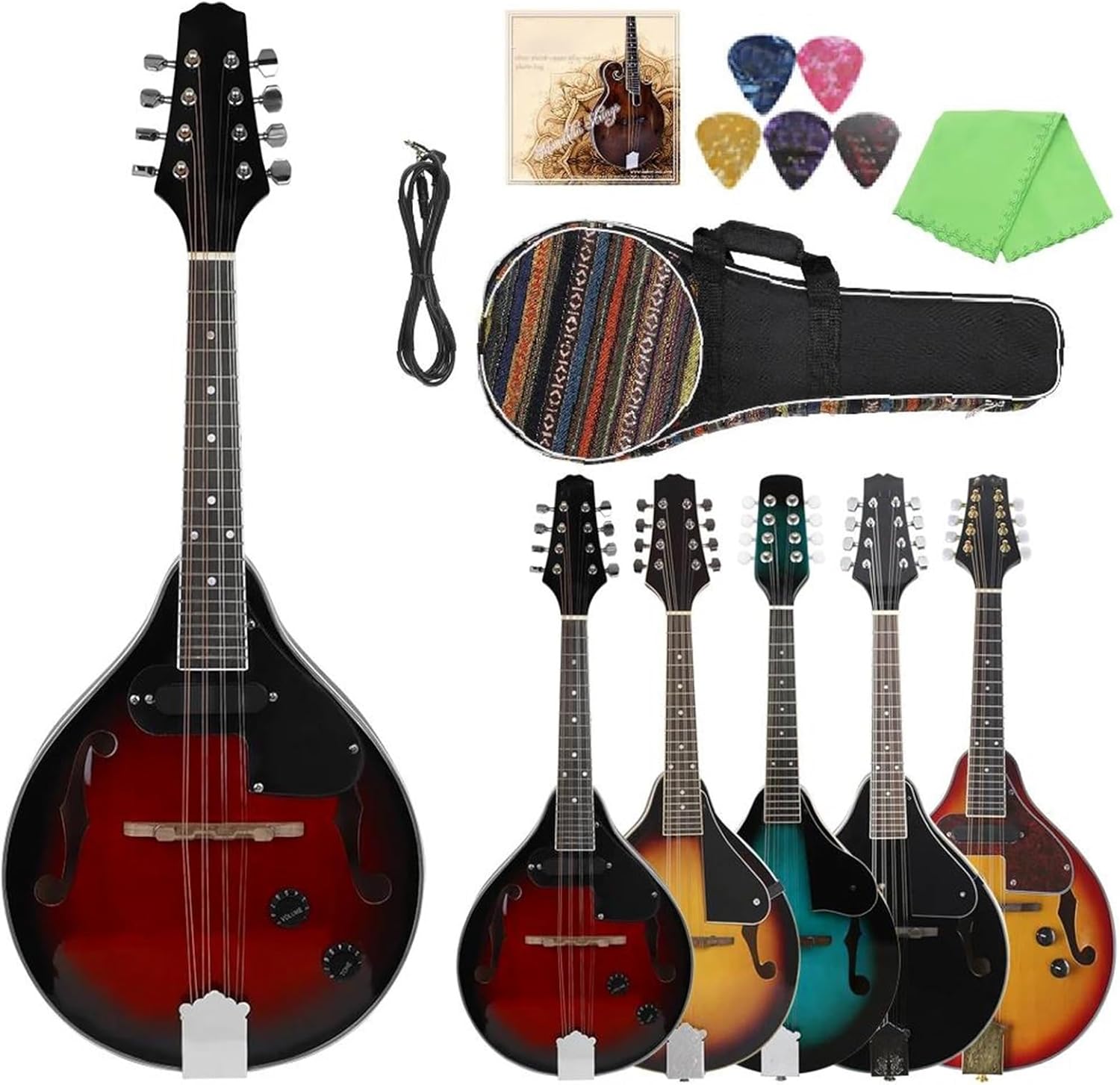 Adult Mandolin Musical Instrument Mandolin 8-String Guitar A Style Electric Mandolin Stringed Instruments with Bag String Pick Accessories(Red Electric Set Sunset)