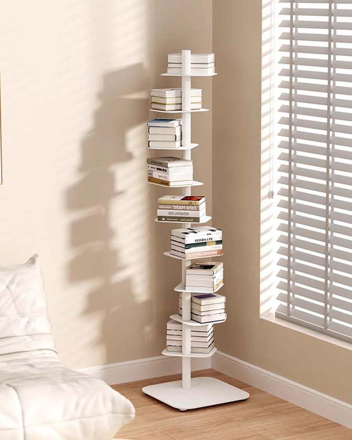 Adjustable Angles Spine Bookshelf Tower, Vertical Freestanding Bookcase for Small Space, Study Room/Library/Home Display Book Shelf, White(9-Tier 159cm (62 5/8