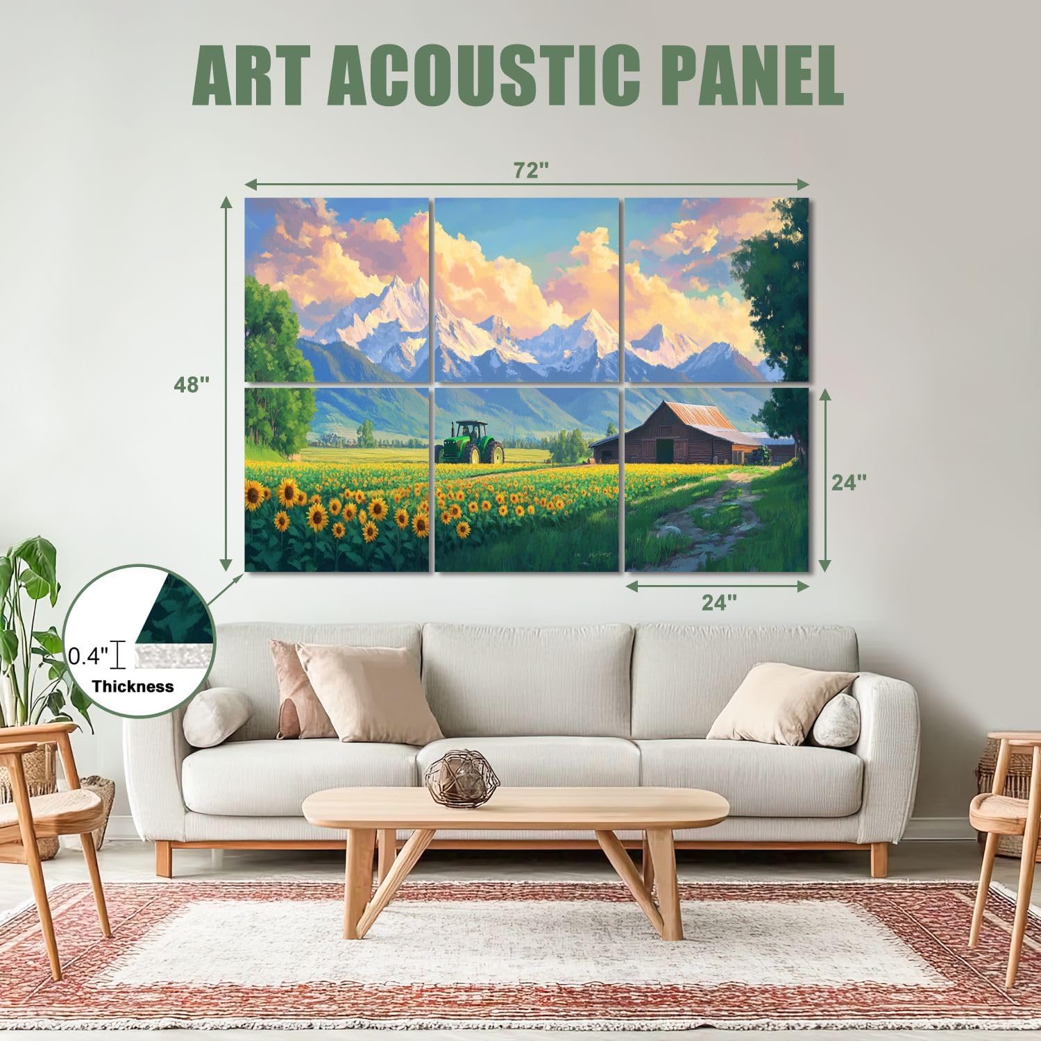 6 Pack Art Acoustic Panels Sound Absorbing Rural Scenery Sunflowers Farmhouse Tractor Mountains Clouds Realistic Decorative Soundproof Wall Panels Self Adhesive for Recording Studios Office 72